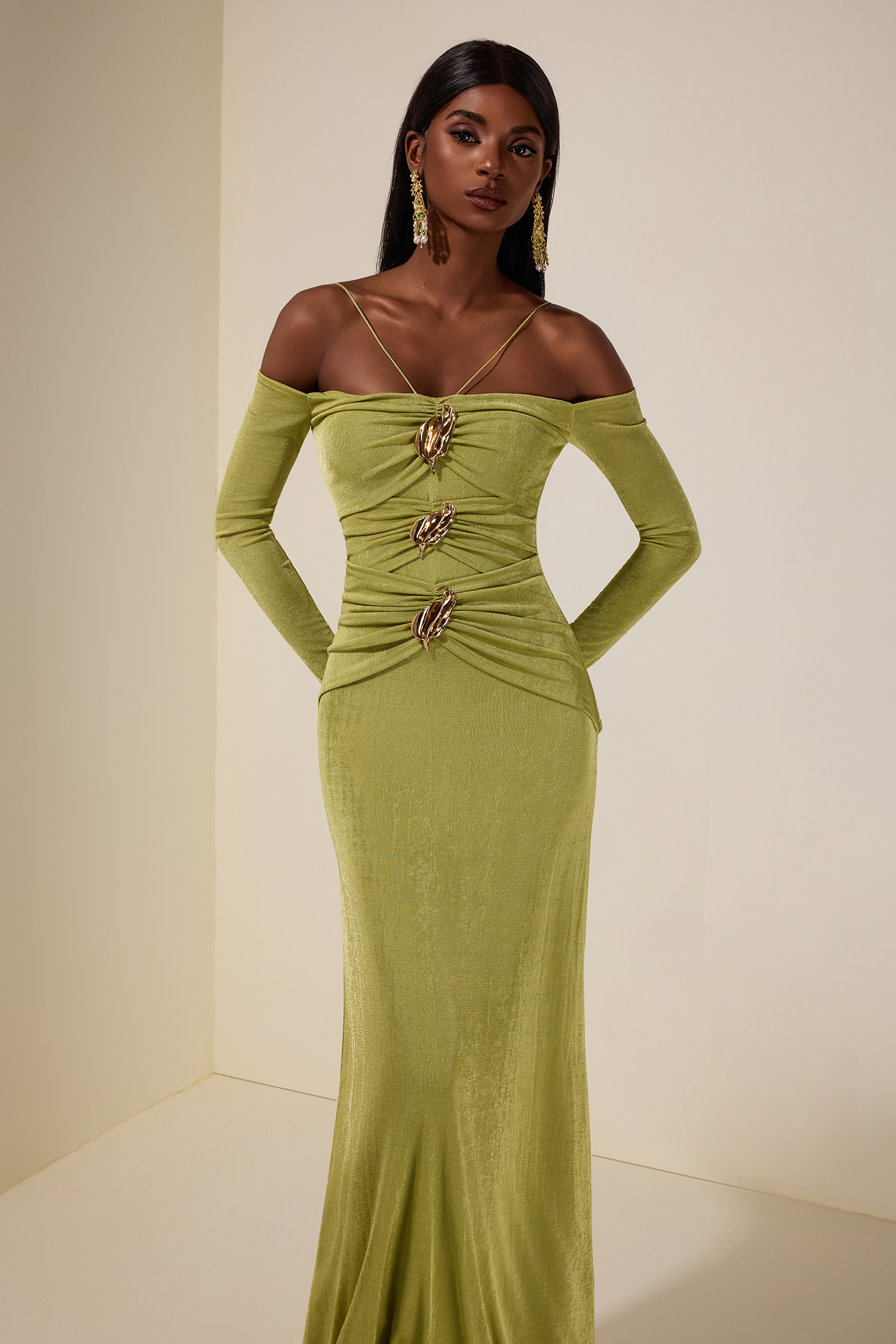 Jersey Metal Decorations Gathering Maxi Dress