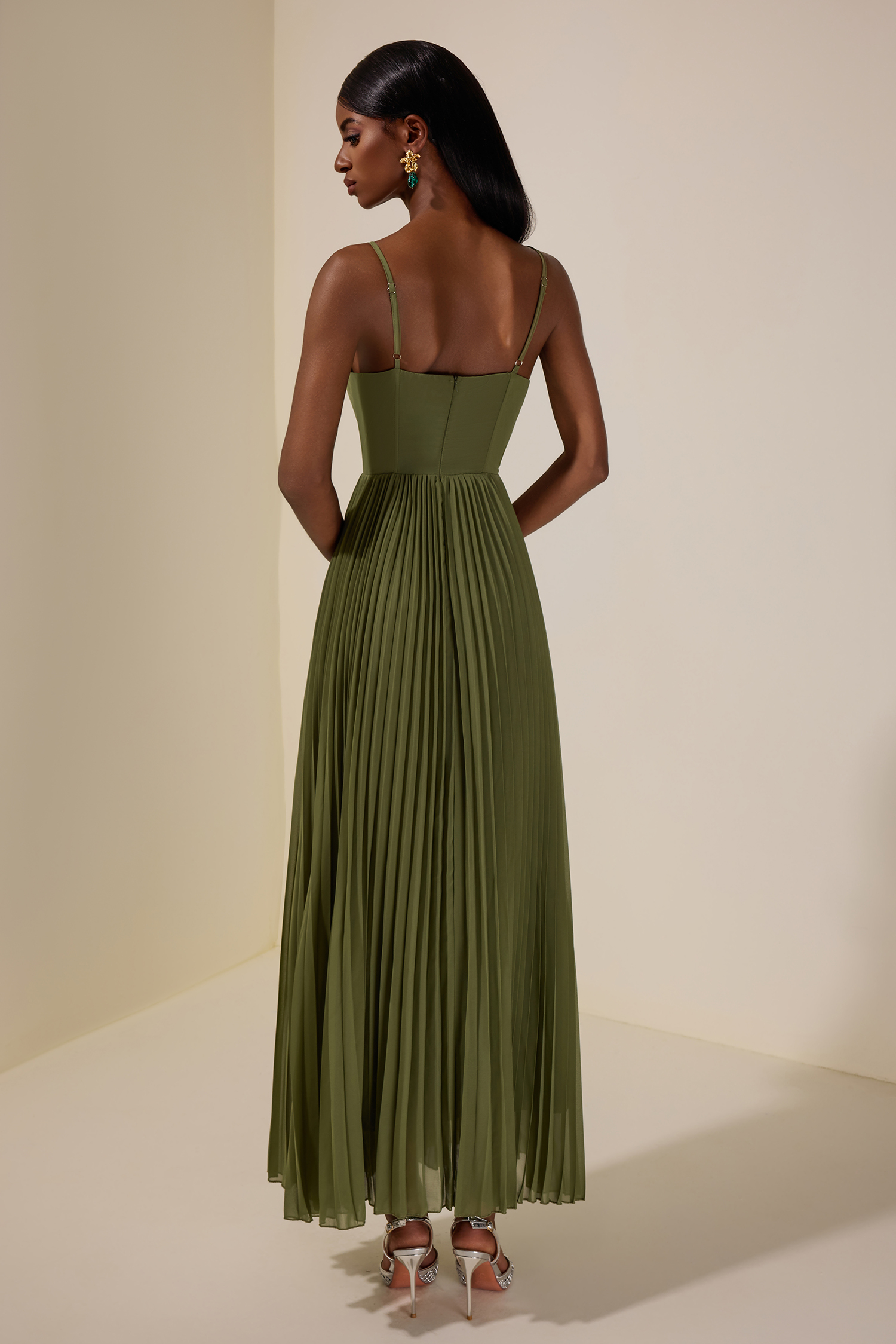 Solid Pleated Slip Midi Dress