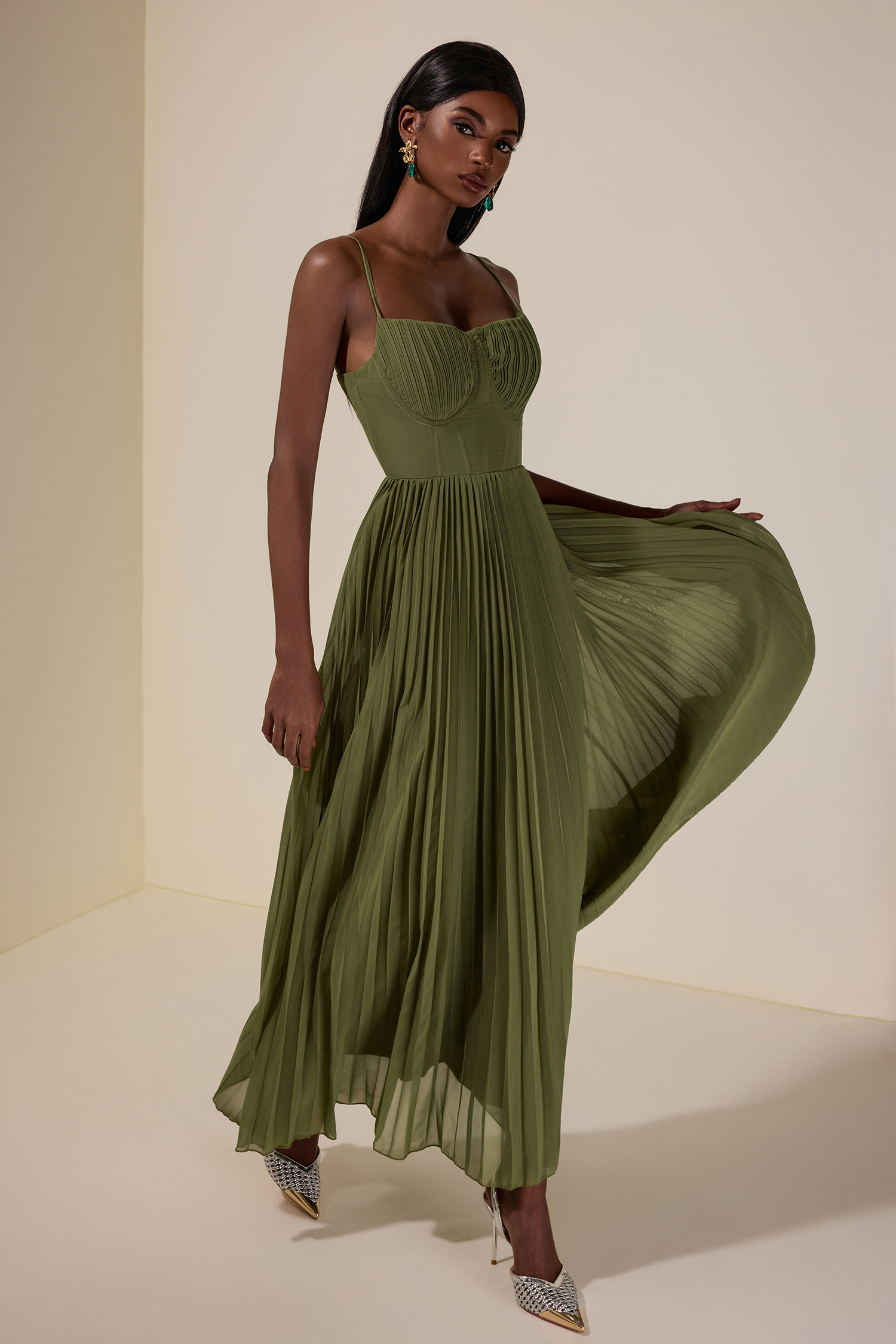 Solid Pleated Slip Midi Dress