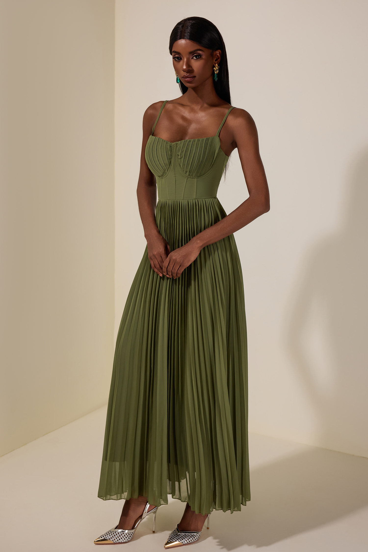 Solid Pleated Slip Midi Dress