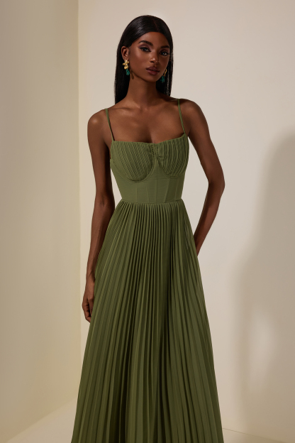 Solid Pleated Slip Midi Dress