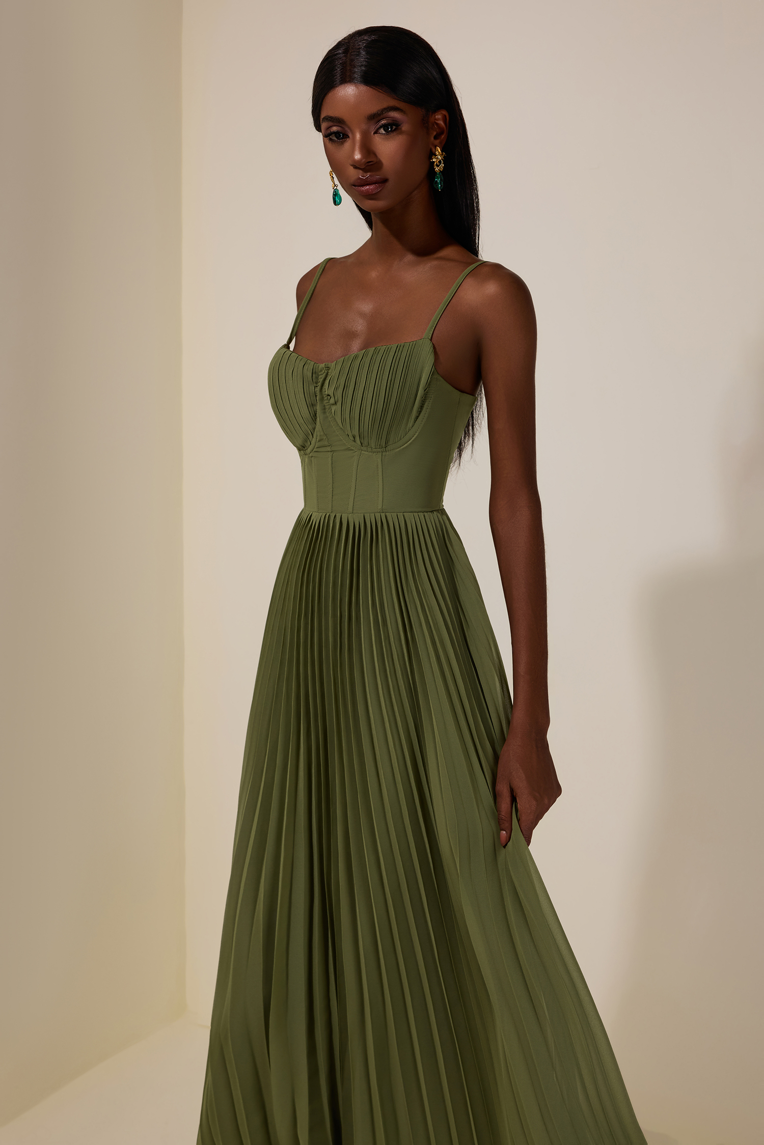 Solid Pleated Slip Midi Dress