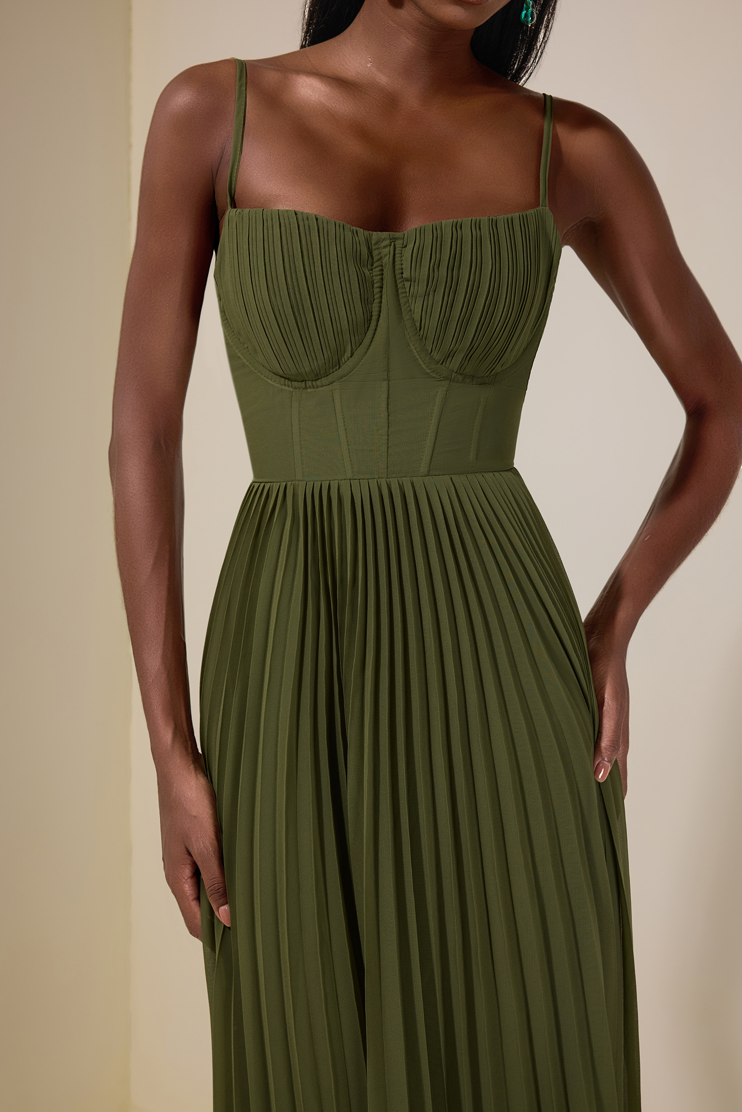 Solid Pleated Slip Midi Dress