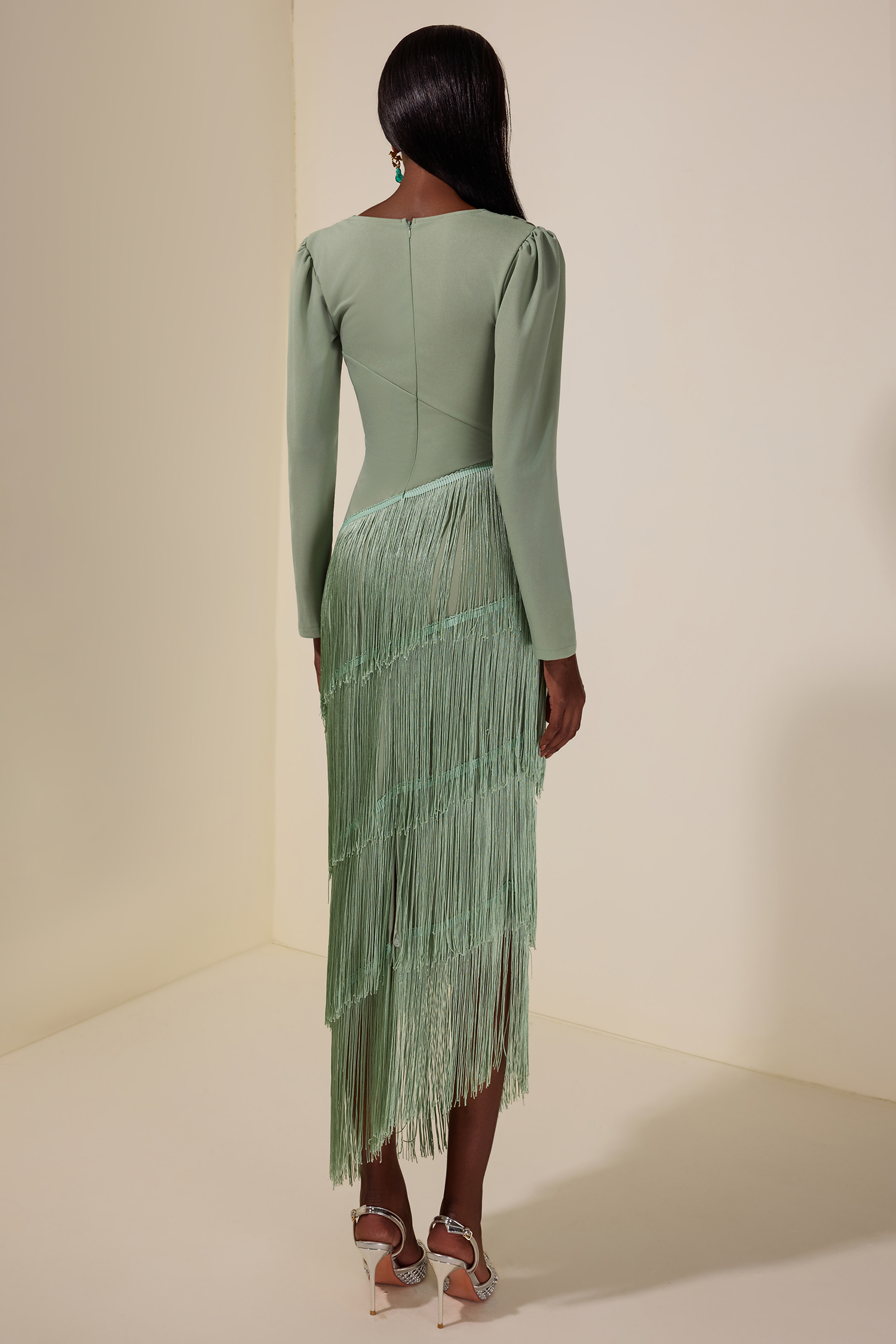 Tassel Ruched Long Sleeve Midi Dress