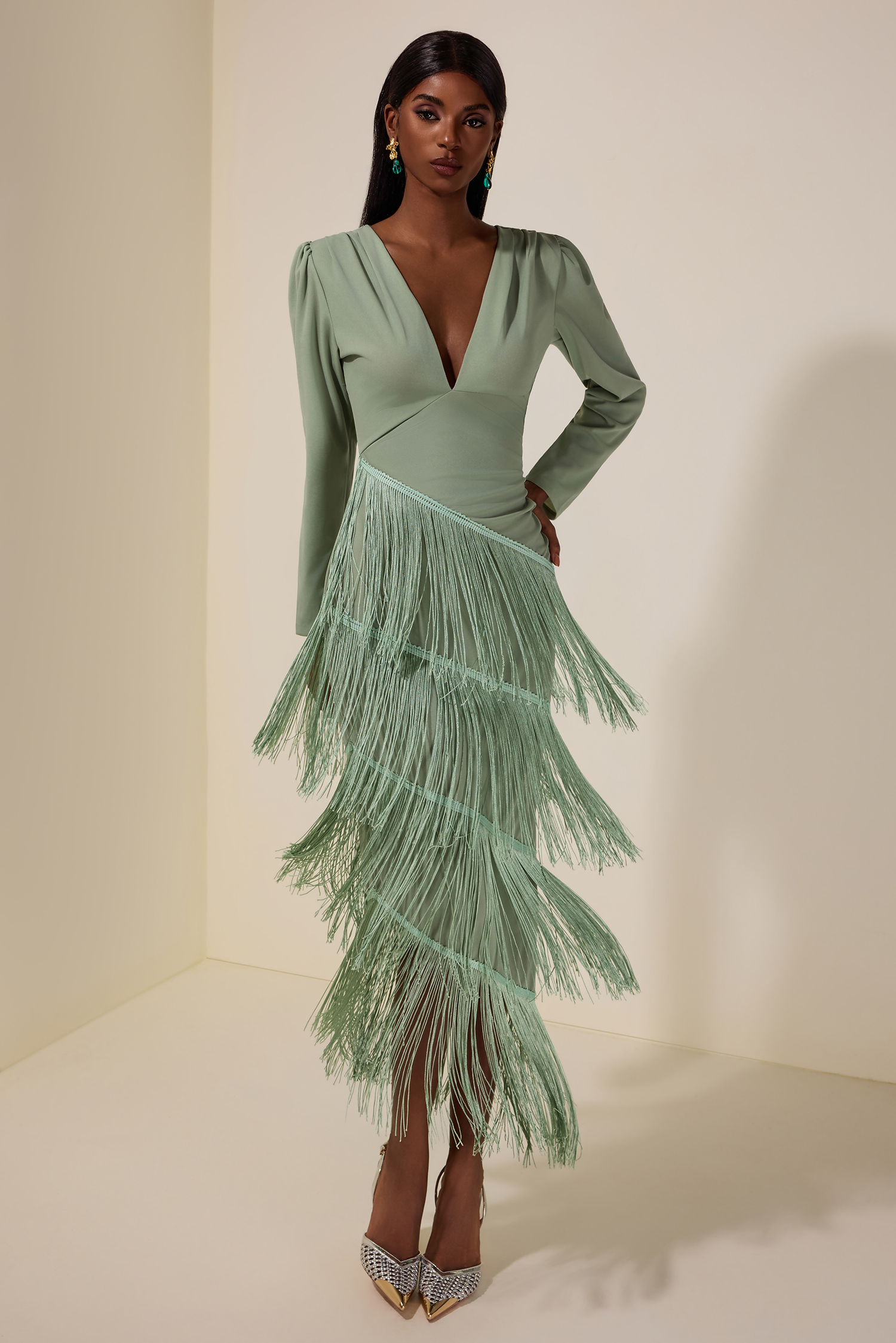 Tassel Ruched Long Sleeve Midi Dress