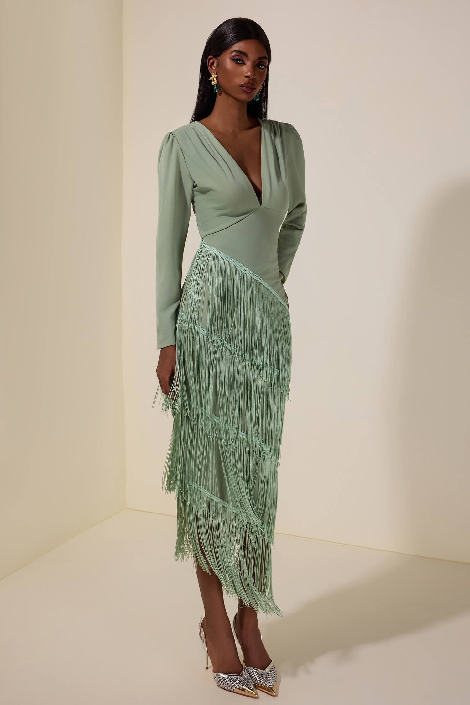 Tassel Ruched Long Sleeve Midi Dress