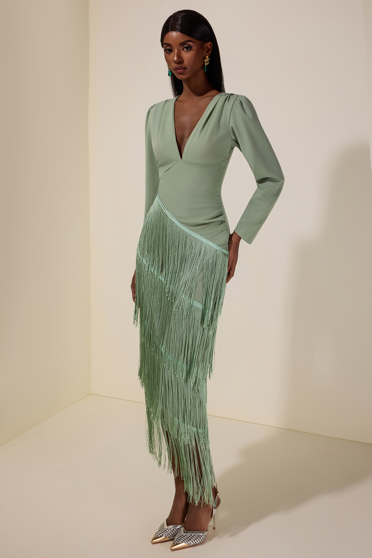 Tassel Ruched Long Sleeve Midi Dress