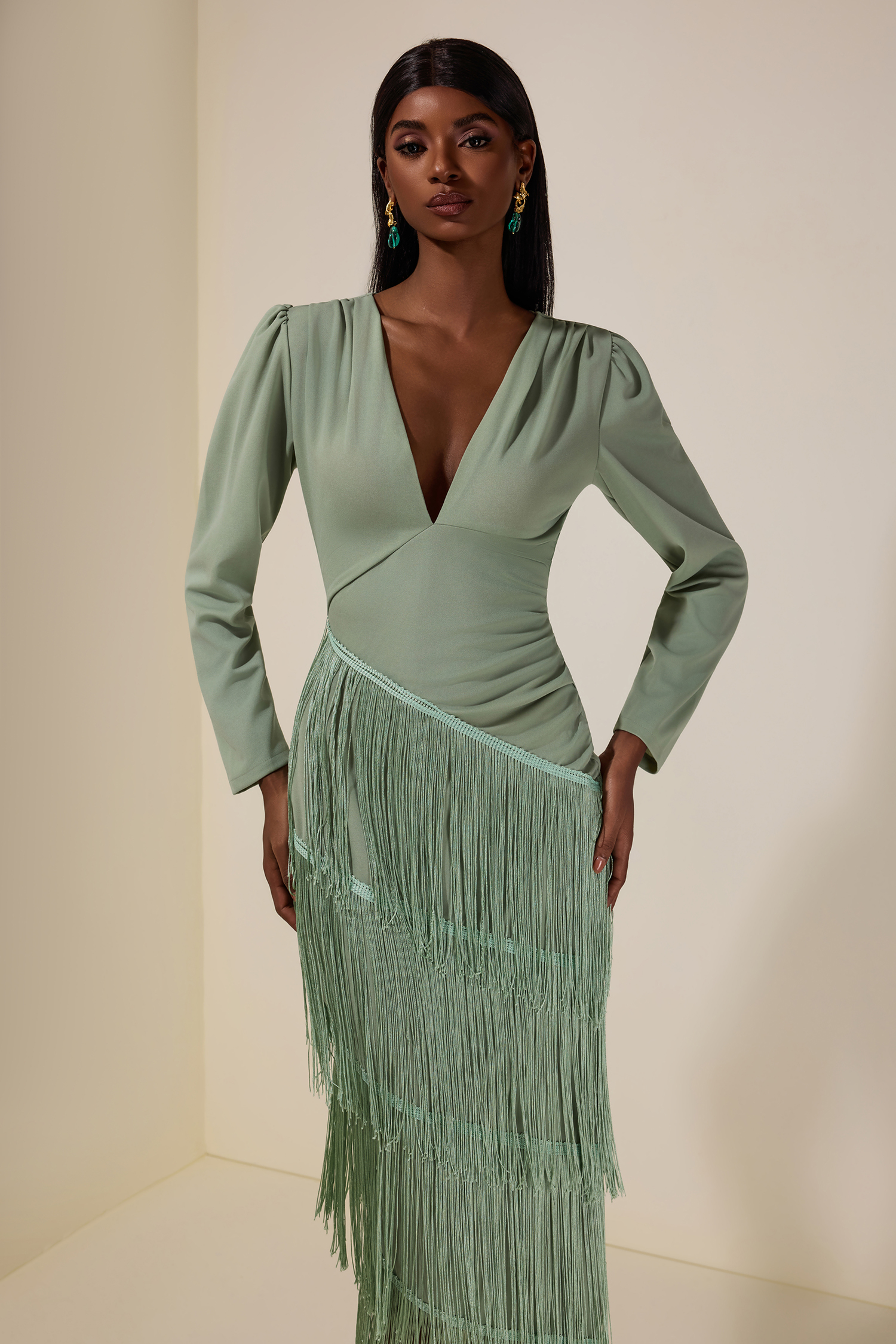 Tassel Ruched Long Sleeve Midi Dress