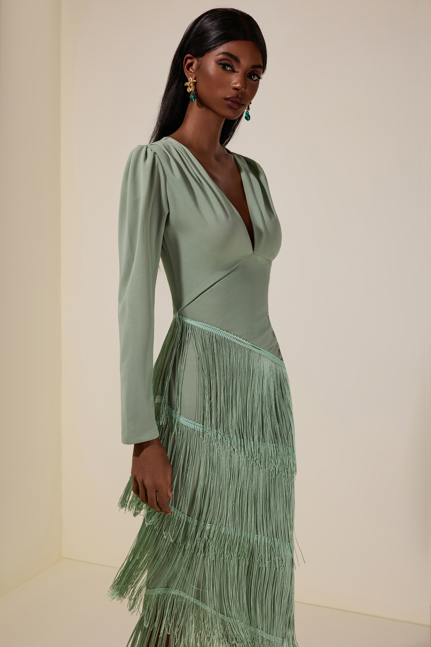 Tassel Ruched Long Sleeve Midi Dress