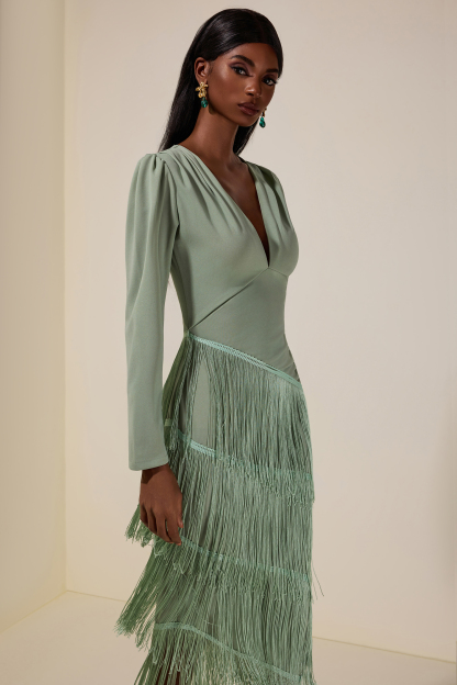Tassel Ruched Long Sleeve Midi Dress