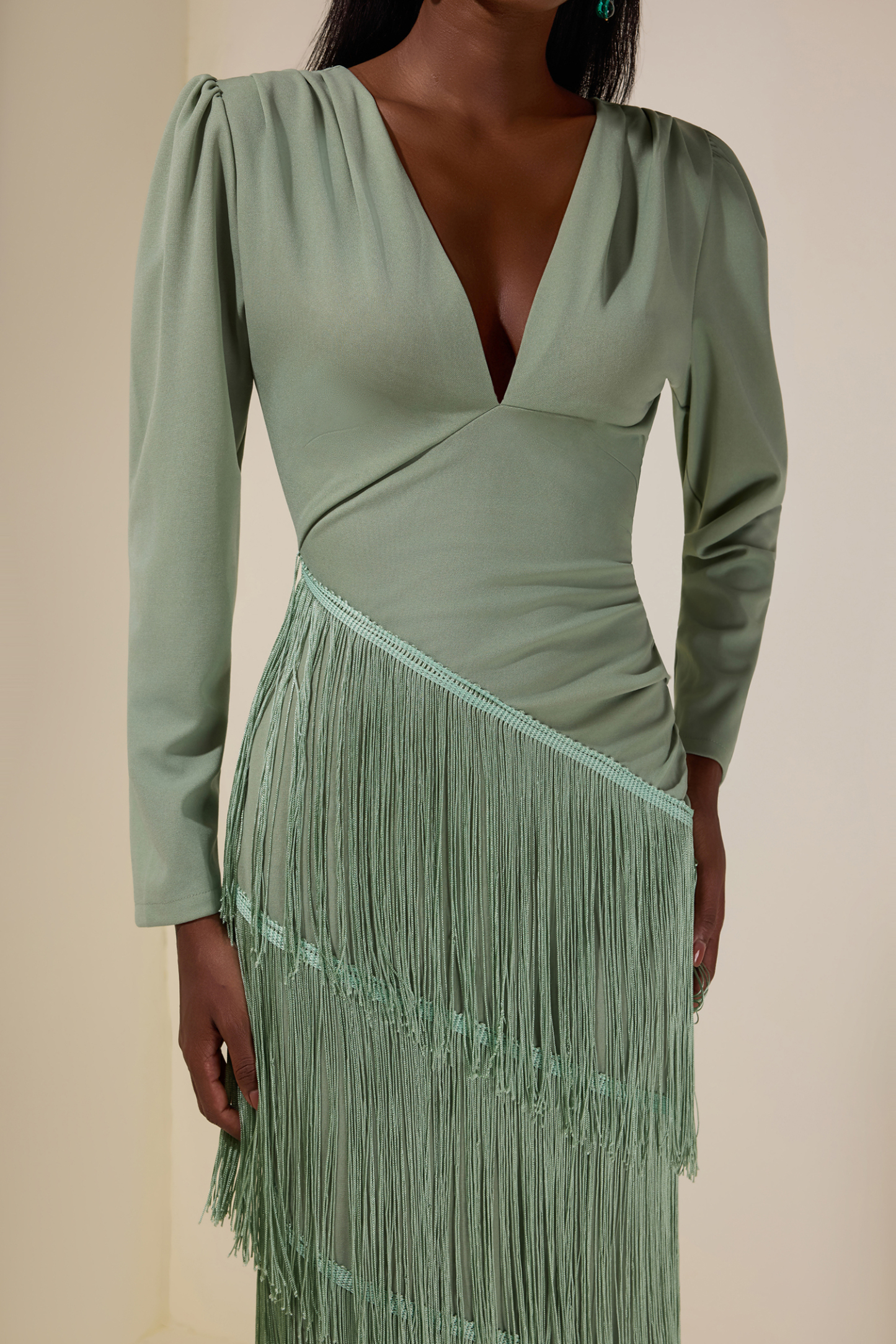 Tassel Ruched Long Sleeve Midi Dress