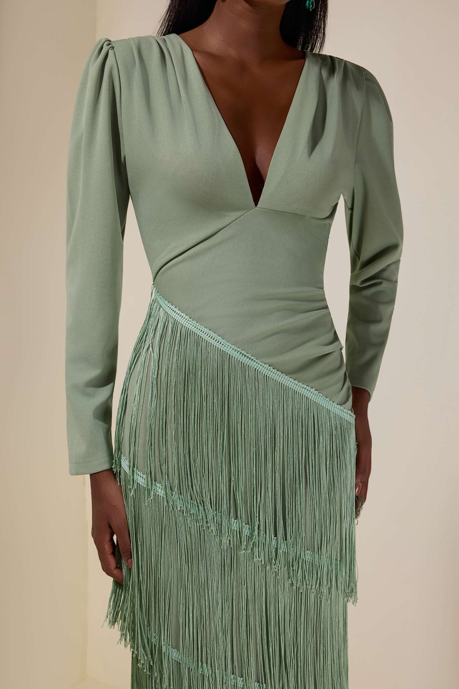 Tassel Ruched Long Sleeve Midi Dress
