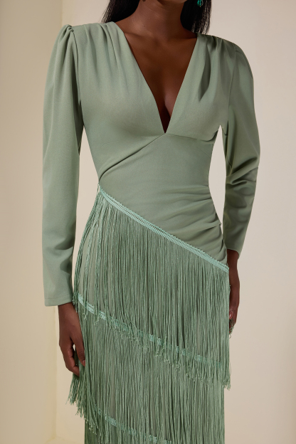 Tassel Ruched Long Sleeve Midi Dress