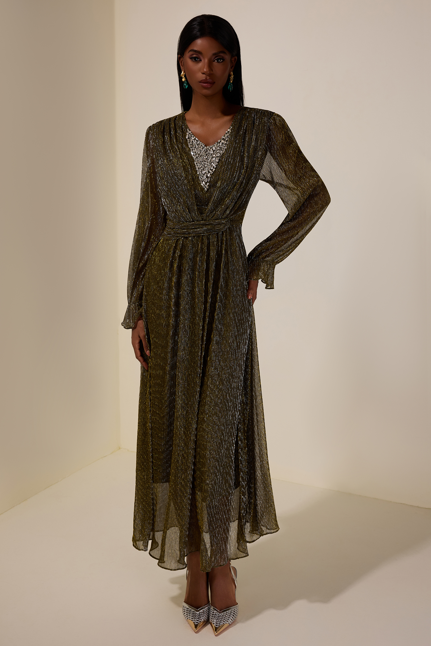 Luxury Rhinestone Long Sleeve Maxi Dress