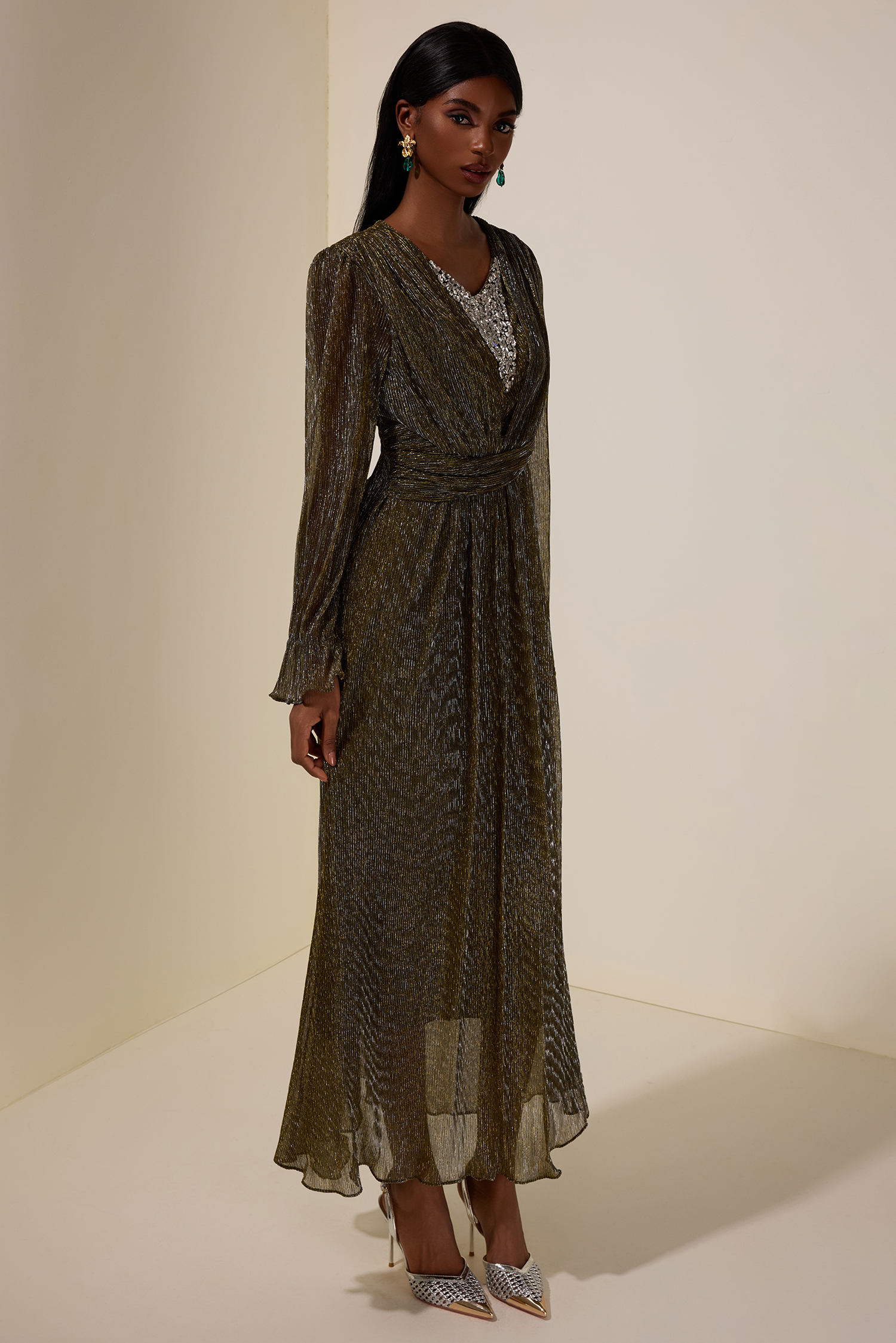 Luxury Rhinestone Long Sleeve Maxi Dress