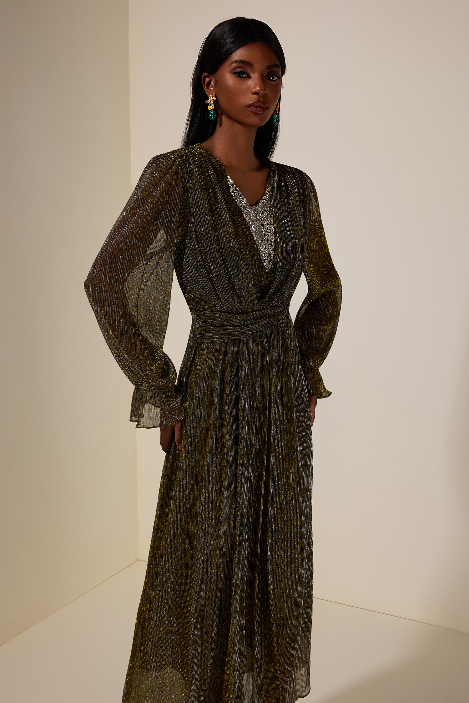 Luxury Rhinestone Long Sleeve Maxi Dress
