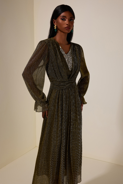 Luxury Rhinestone Long Sleeve Maxi Dress