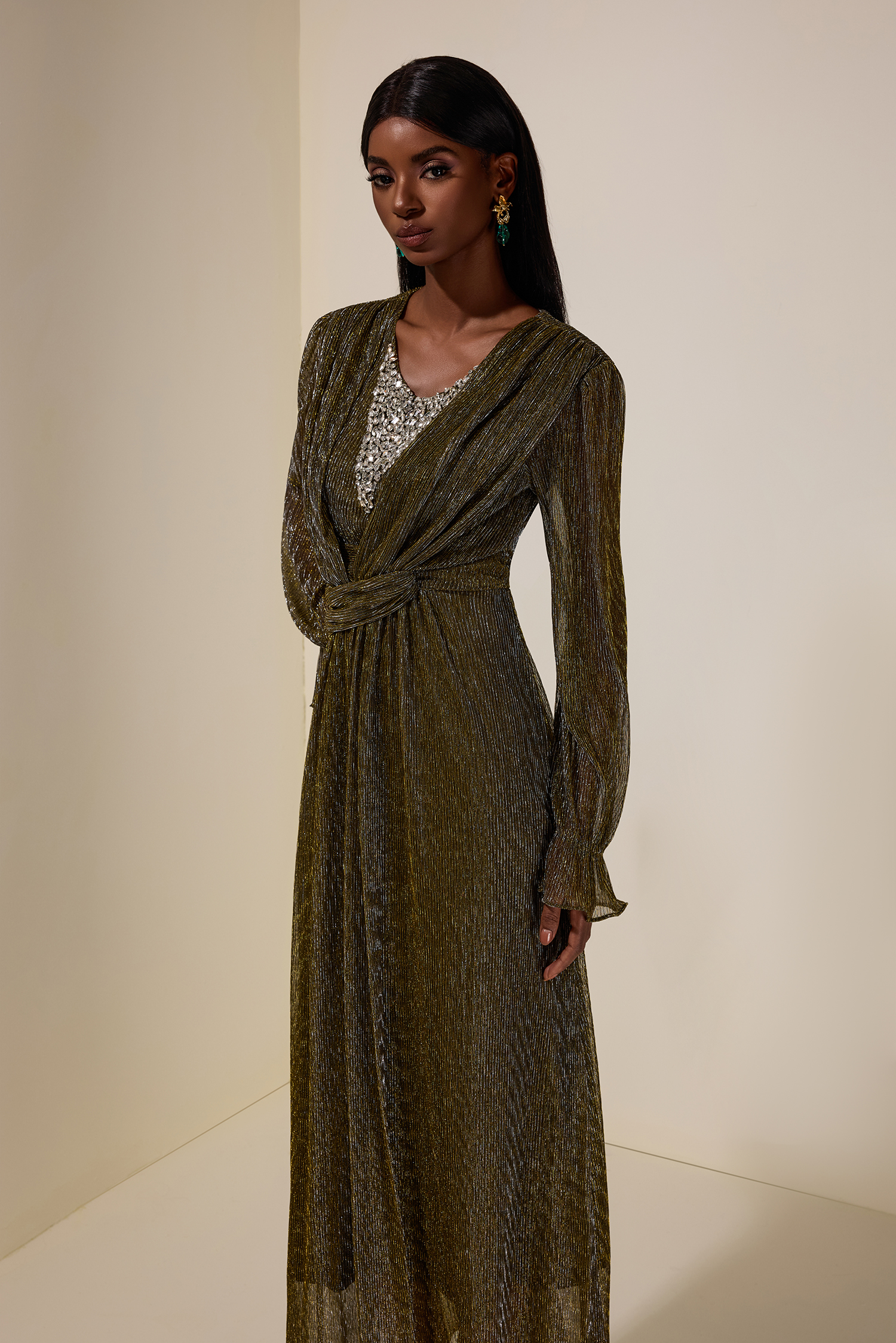 Luxury Rhinestone Long Sleeve Maxi Dress