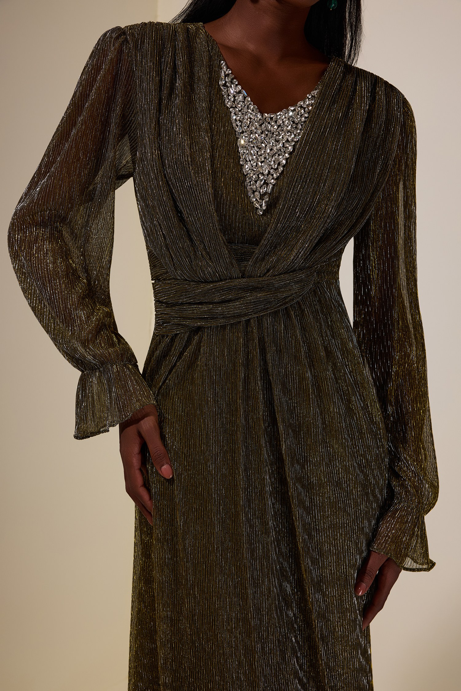 Luxury Rhinestone Long Sleeve Maxi Dress