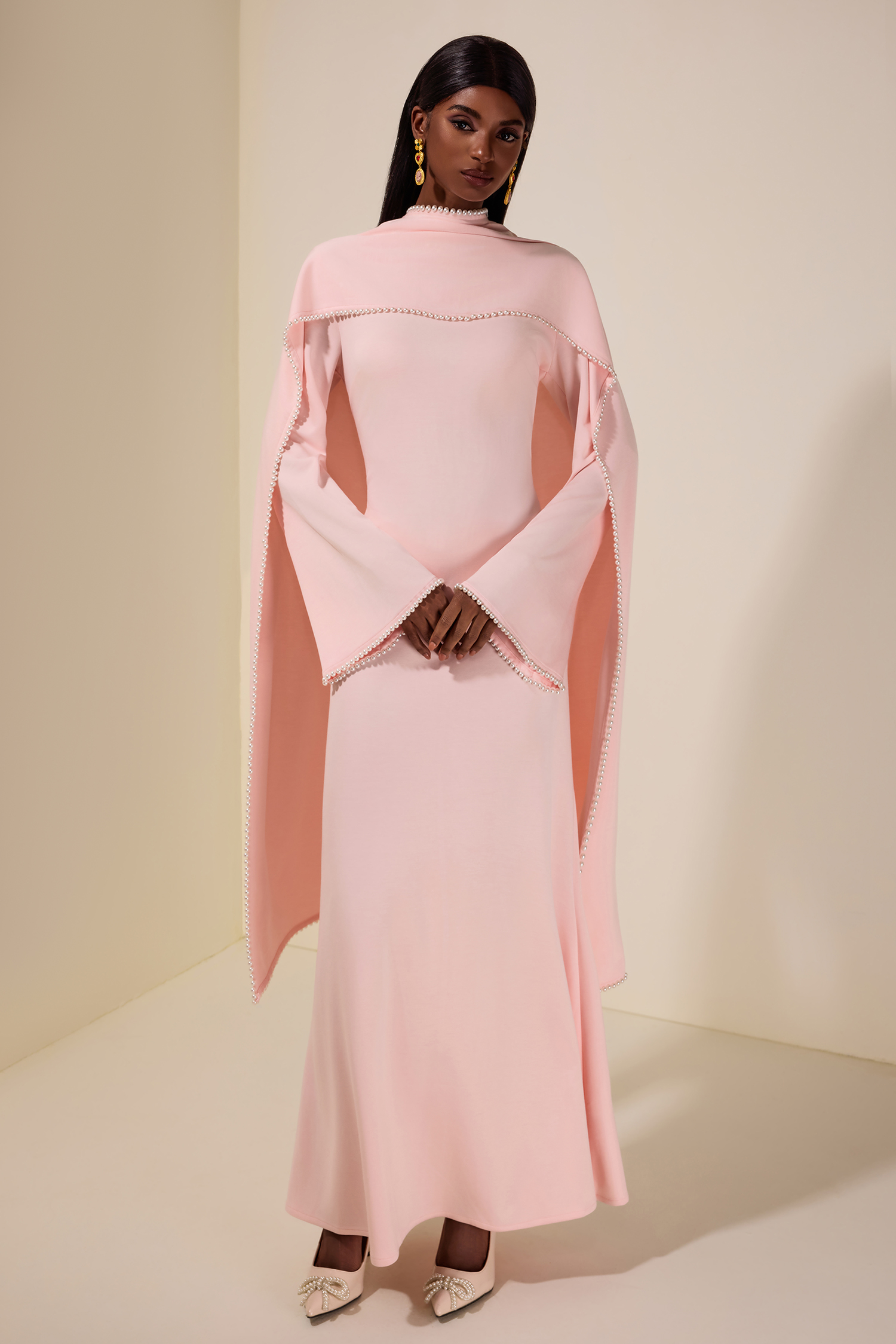 Solid Long Sleeve Faux Pearl Maxi Dress