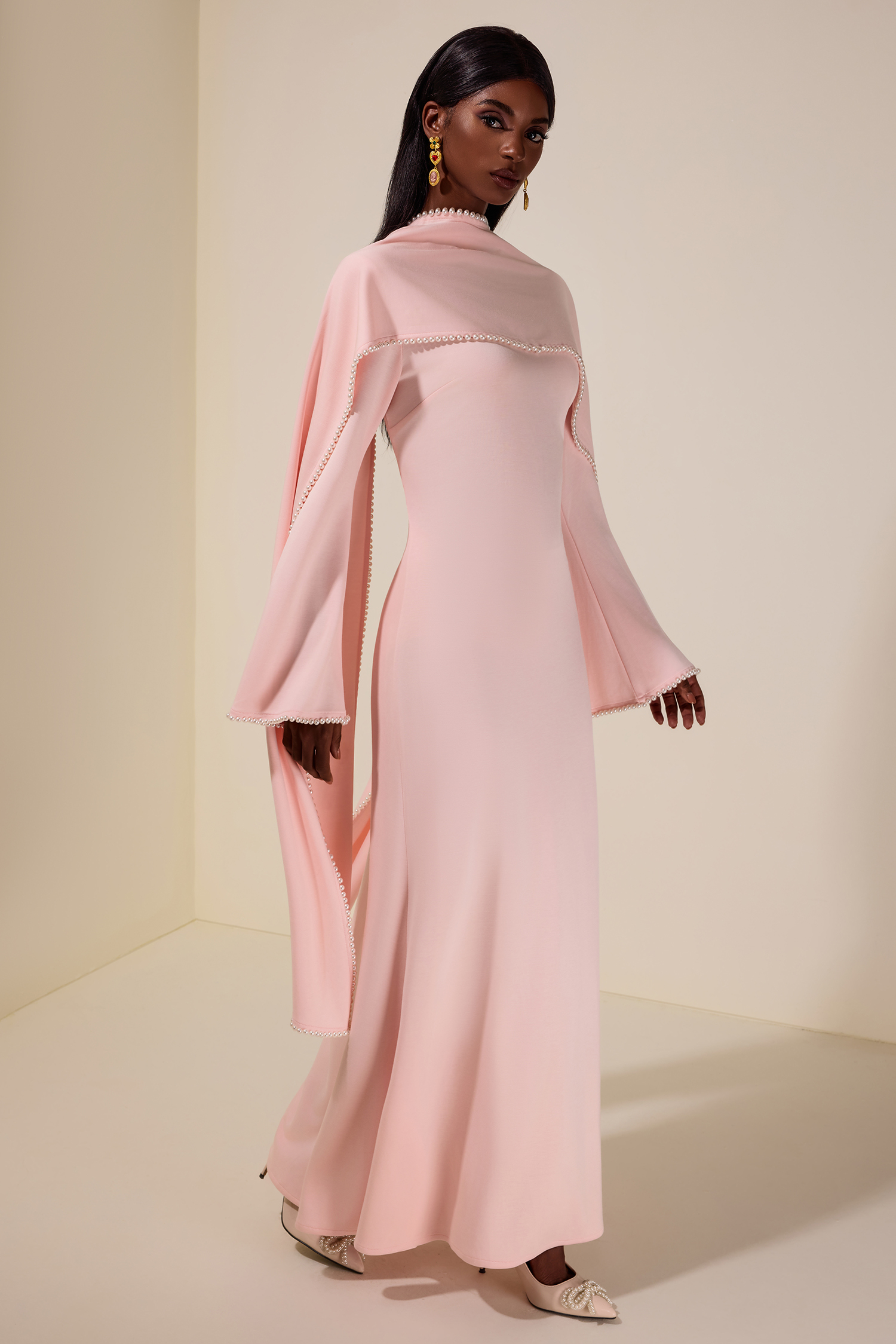 Solid Long Sleeve Faux Pearl Maxi Dress