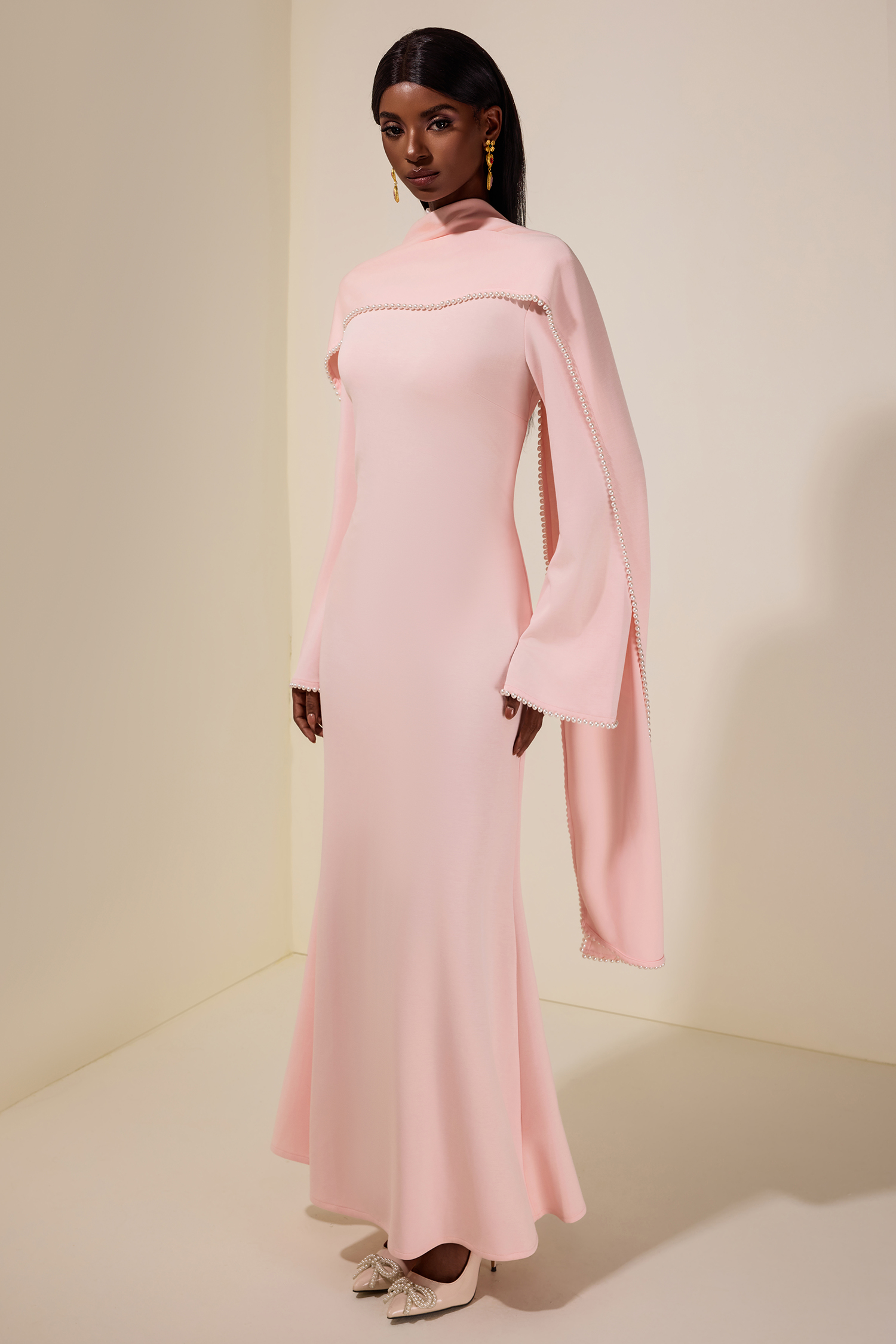 Solid Long Sleeve Faux Pearl Maxi Dress