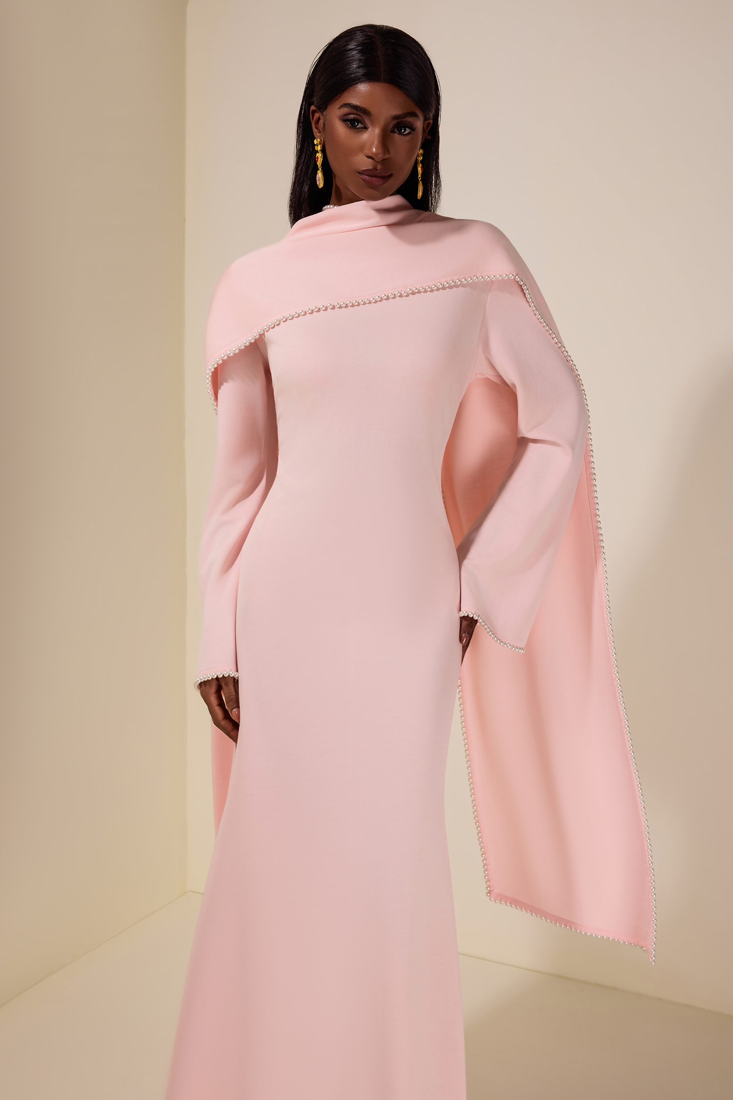 Solid Long Sleeve Faux Pearl Maxi Dress