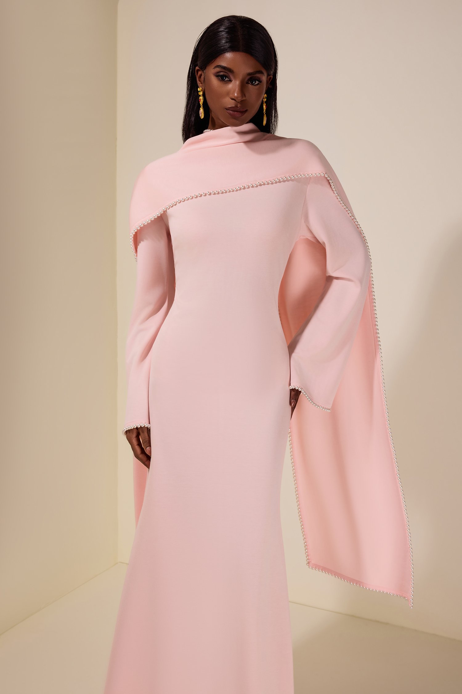 Solid Long Sleeve Faux Pearl Maxi Dress