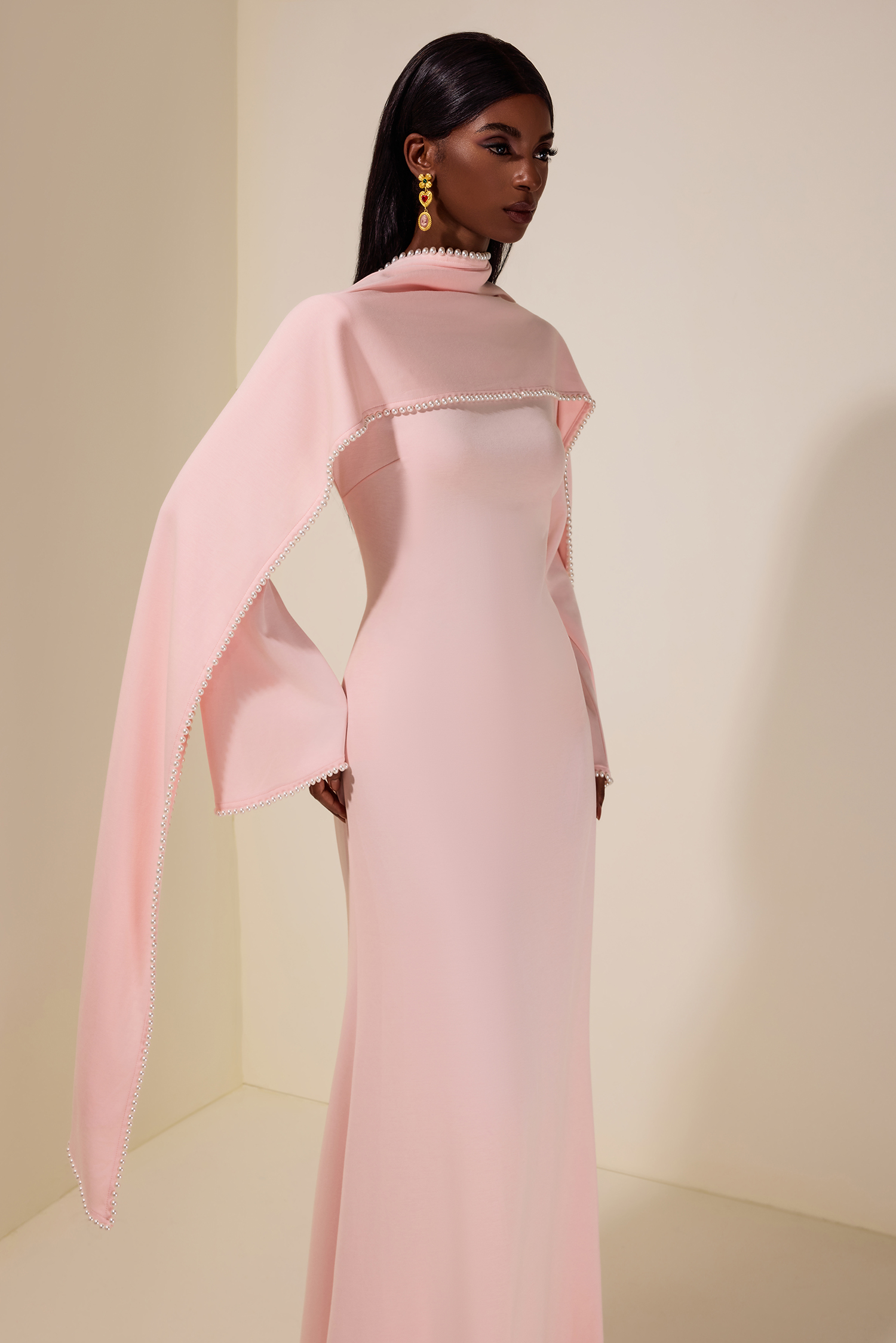 Solid Long Sleeve Faux Pearl Maxi Dress