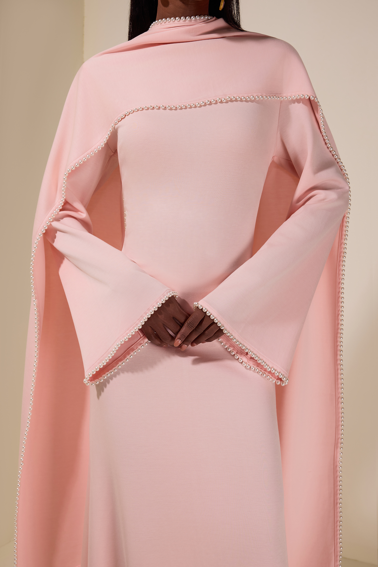 Solid Long Sleeve Faux Pearl Maxi Dress