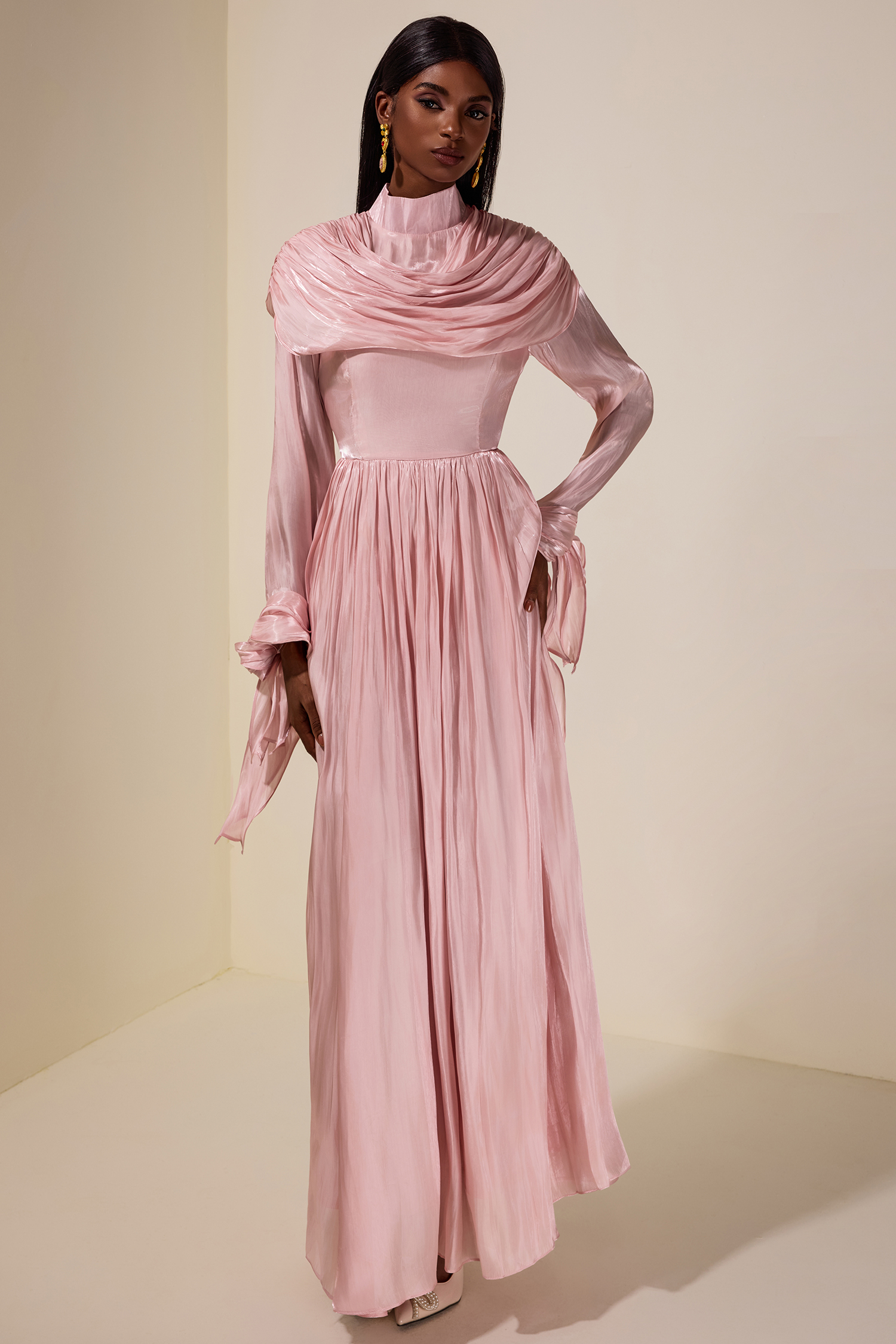 Satin Ruched Ruffle Maxi Dress