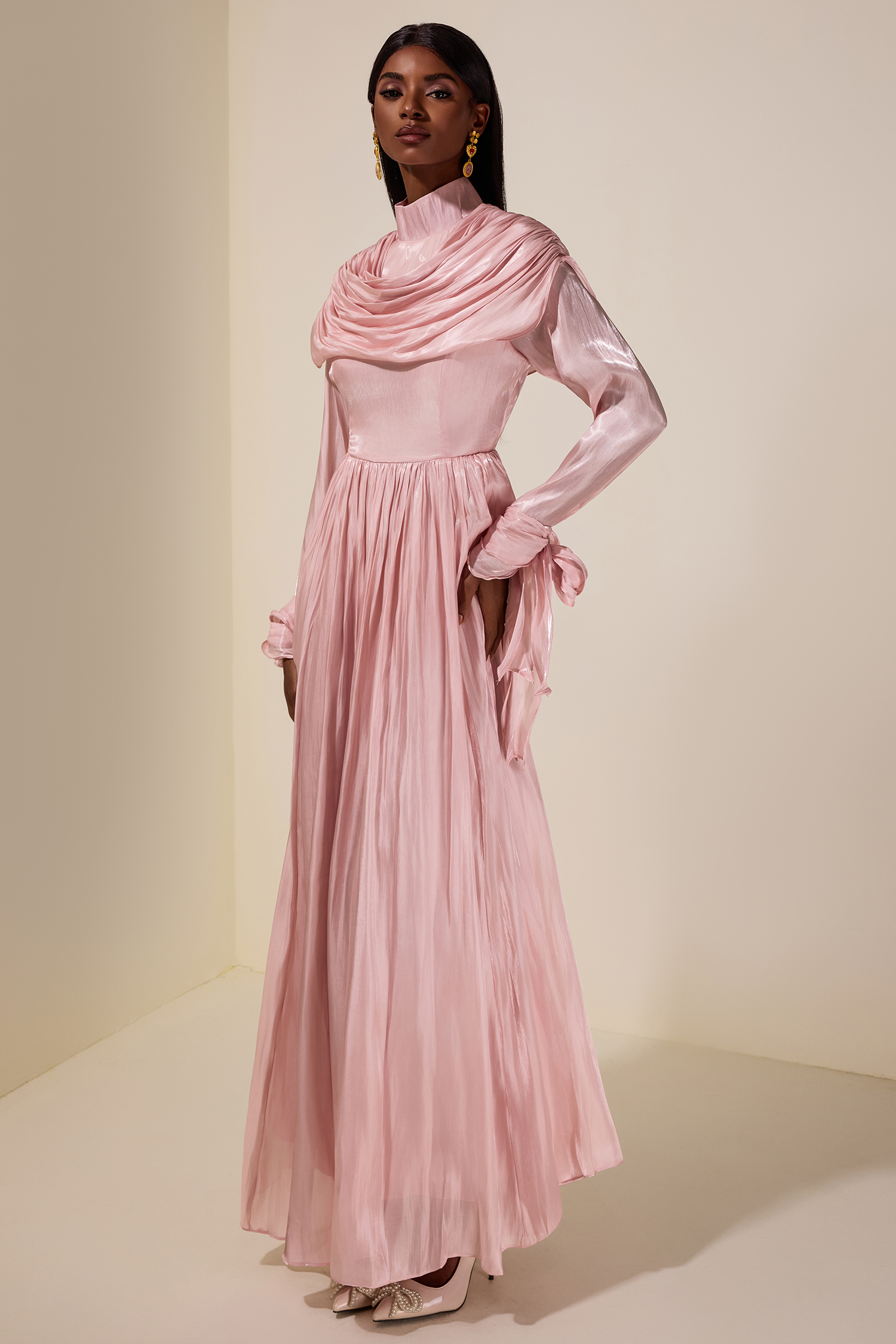 Satin Ruched Ruffle Maxi Dress