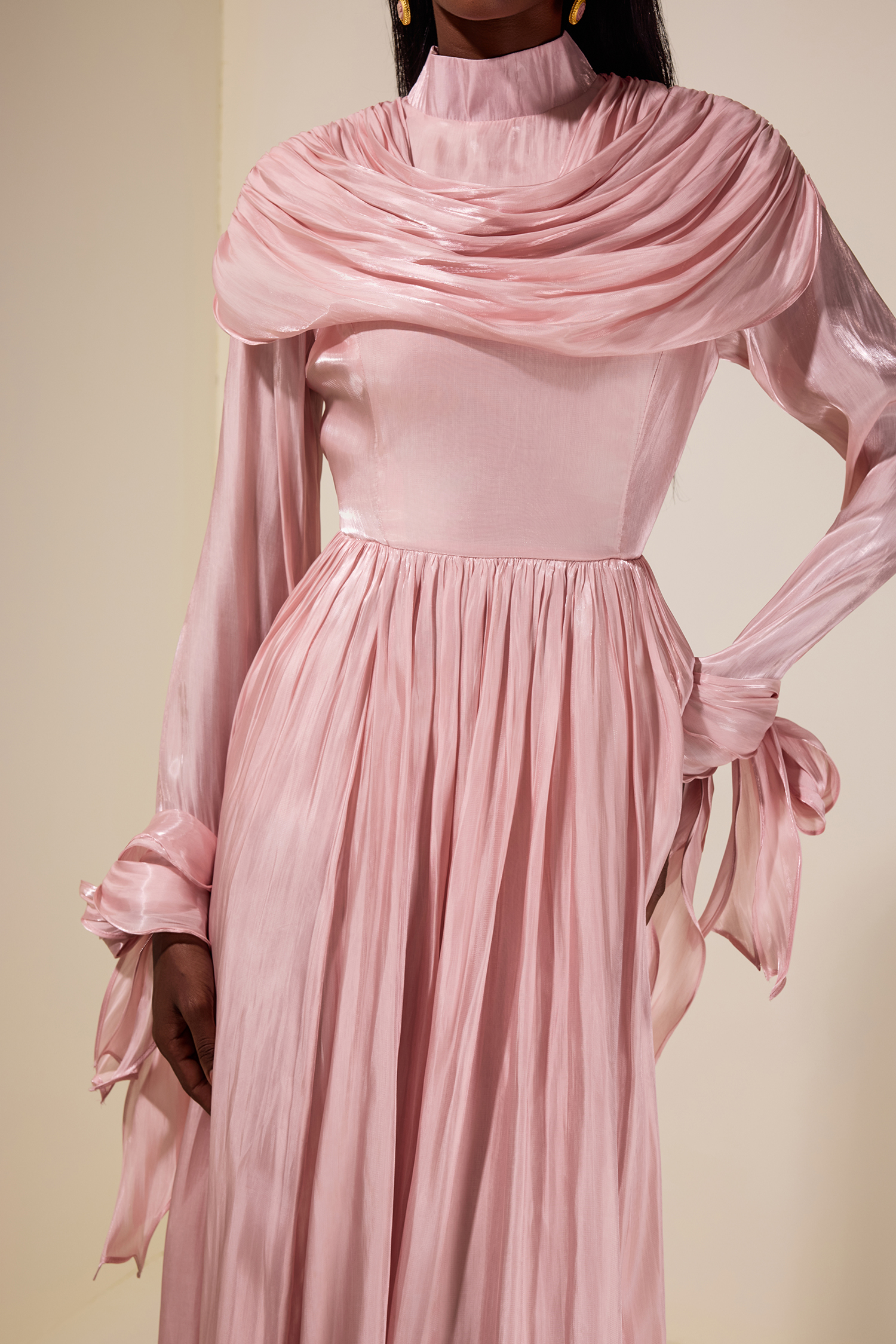 Satin Ruched Ruffle Maxi Dress