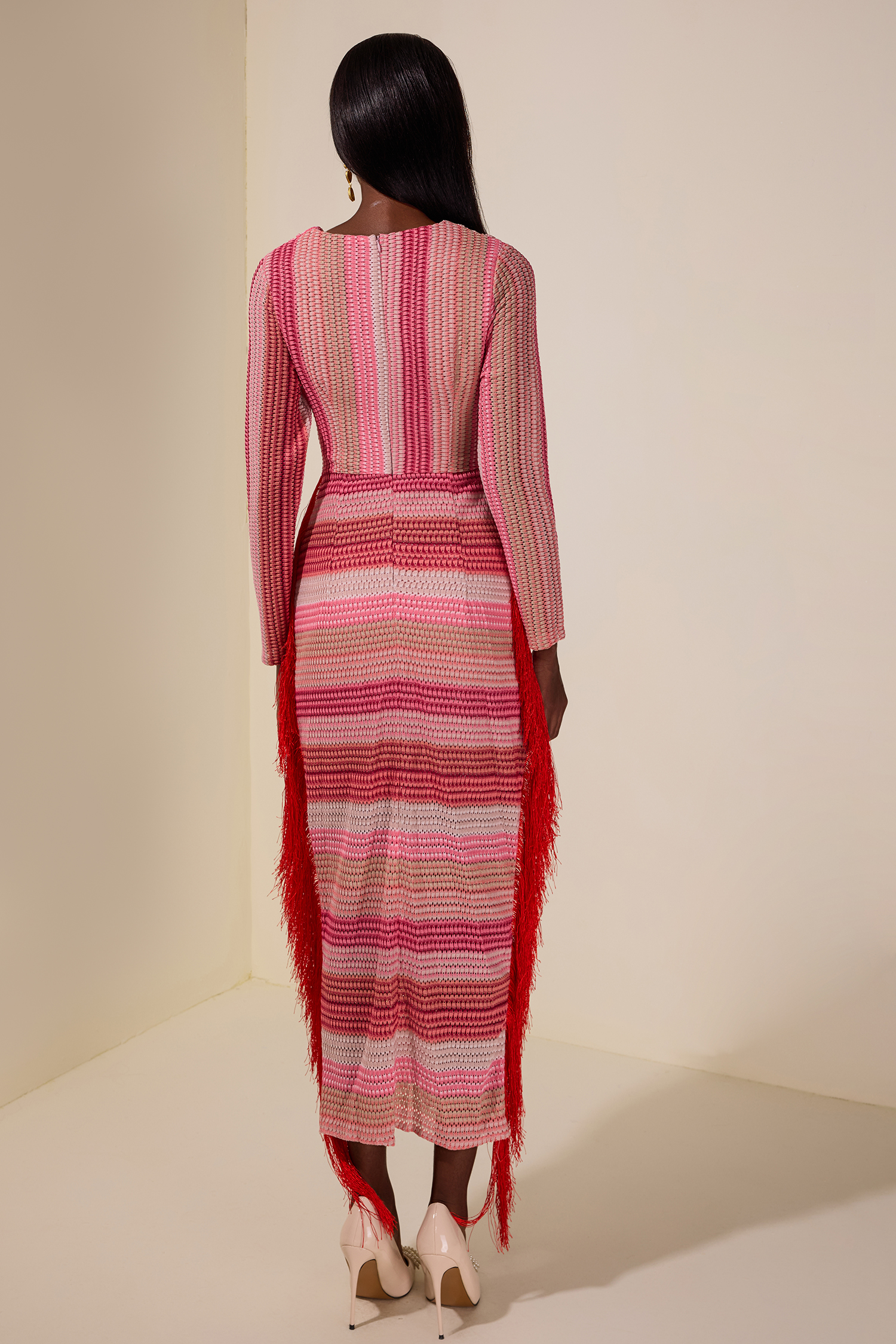 Crochet Gradient Color Tassel Midi Dress