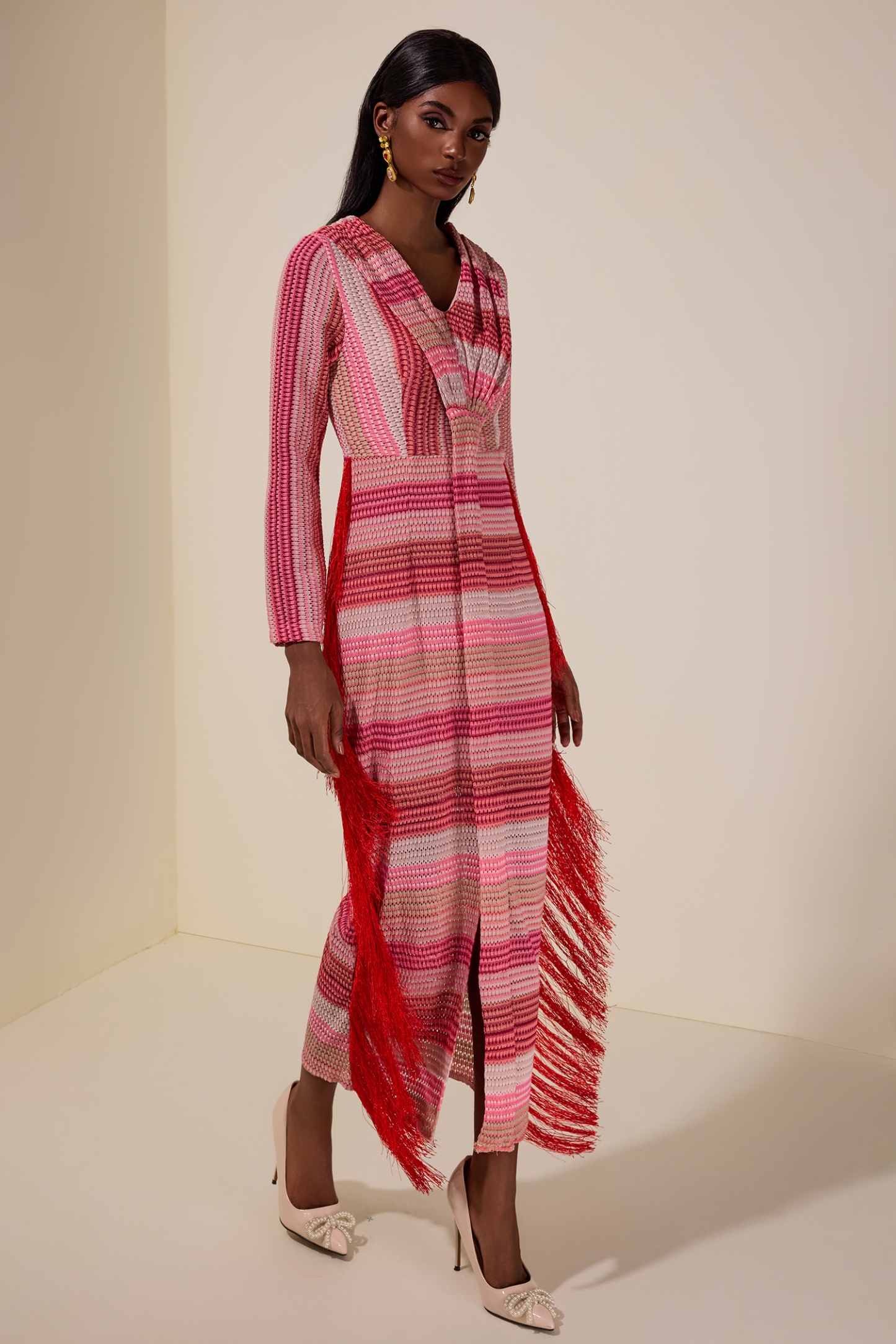 Crochet Gradient Color Tassel Midi Dress