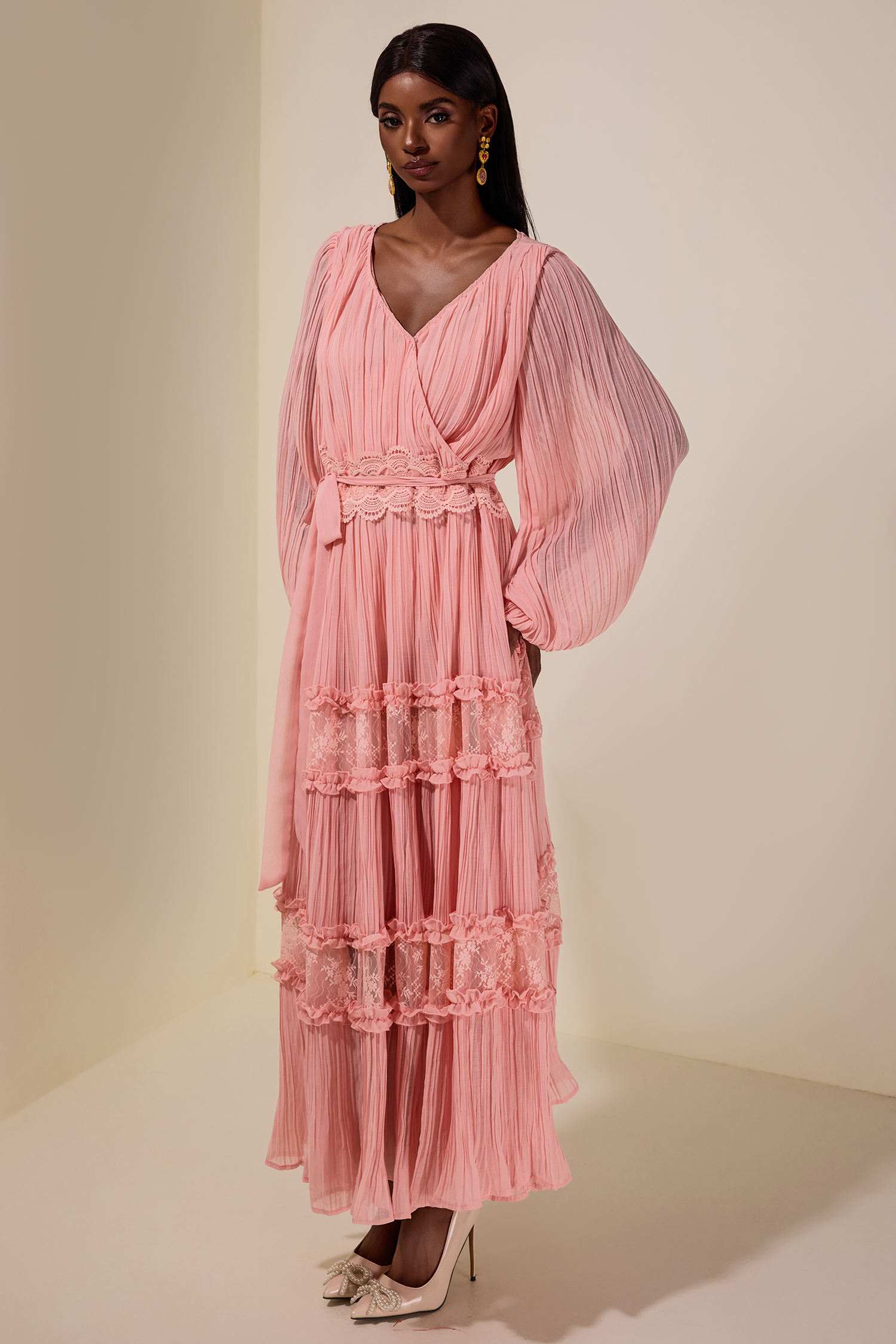 Chiffon Splicing Lace V Neck Midi Dress With Belt