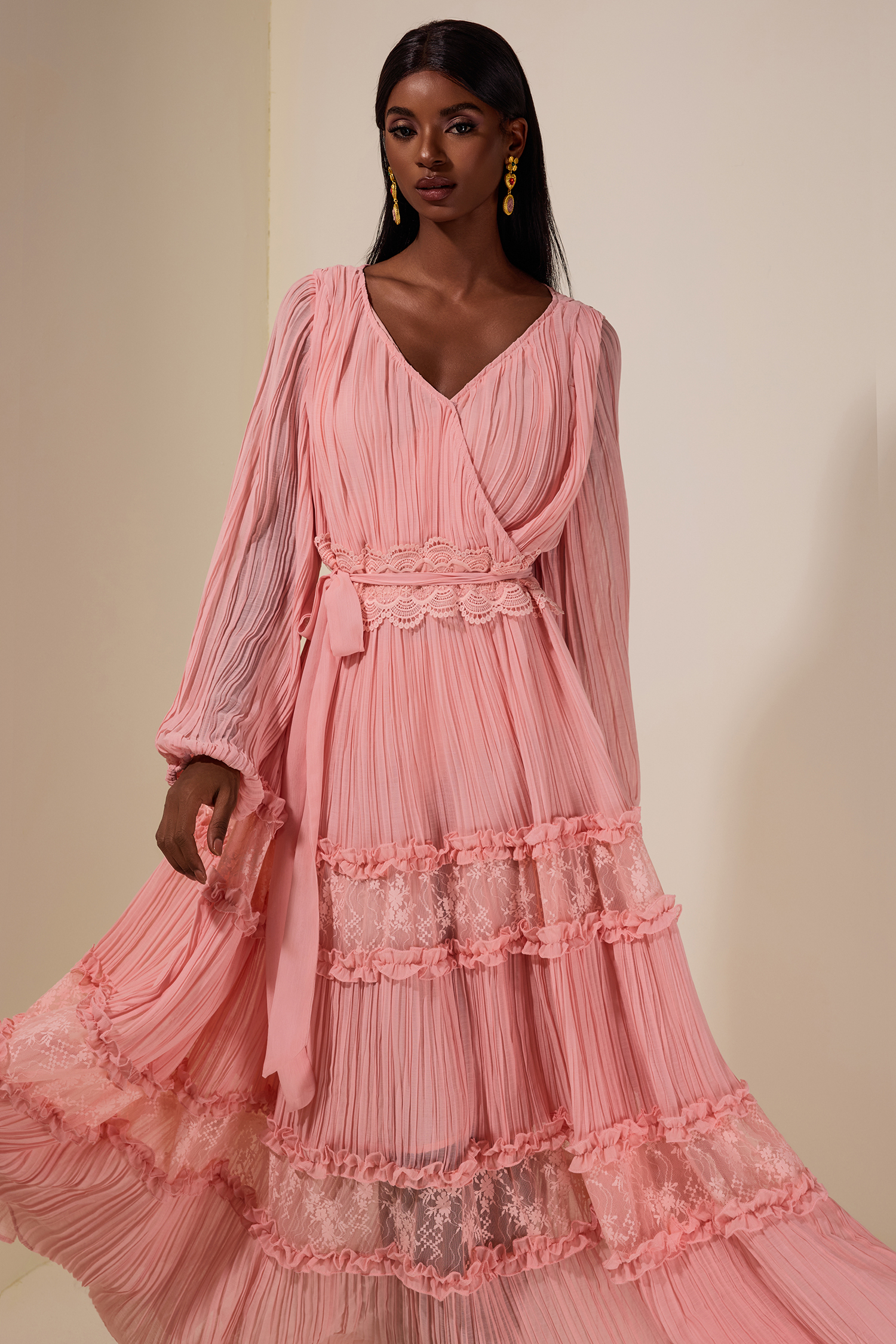 Chiffon Splicing Lace V Neck Midi Dress With Belt