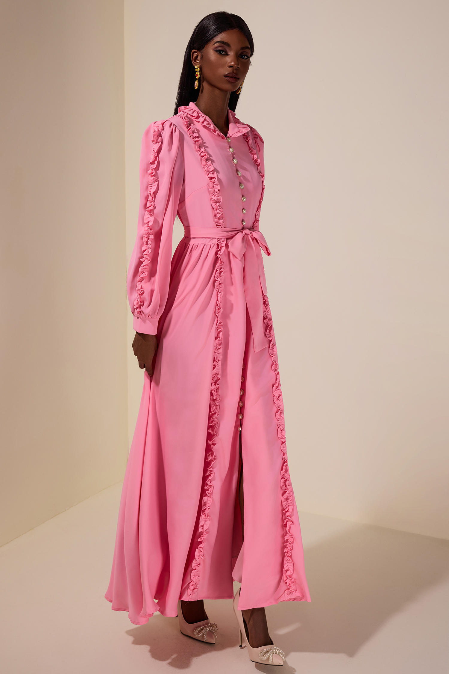 Frill Lantern Sleeve Midi Dress With Belt