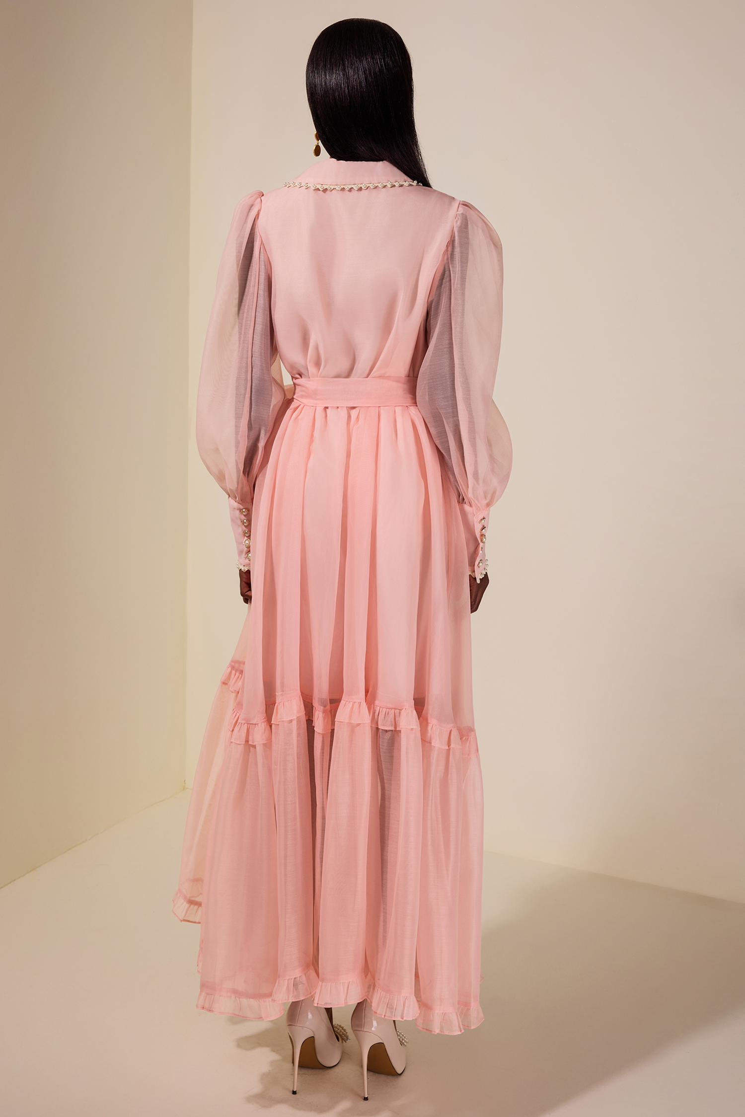 Chiffon Rivet Frill Midi Dress With Belt