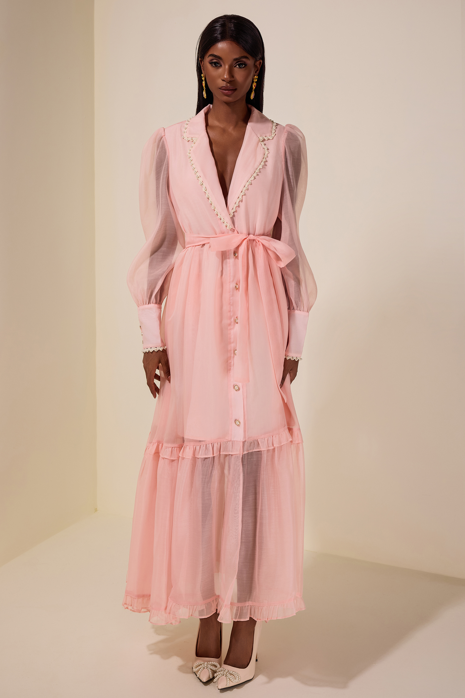 Chiffon Rivet Frill Midi Dress With Belt