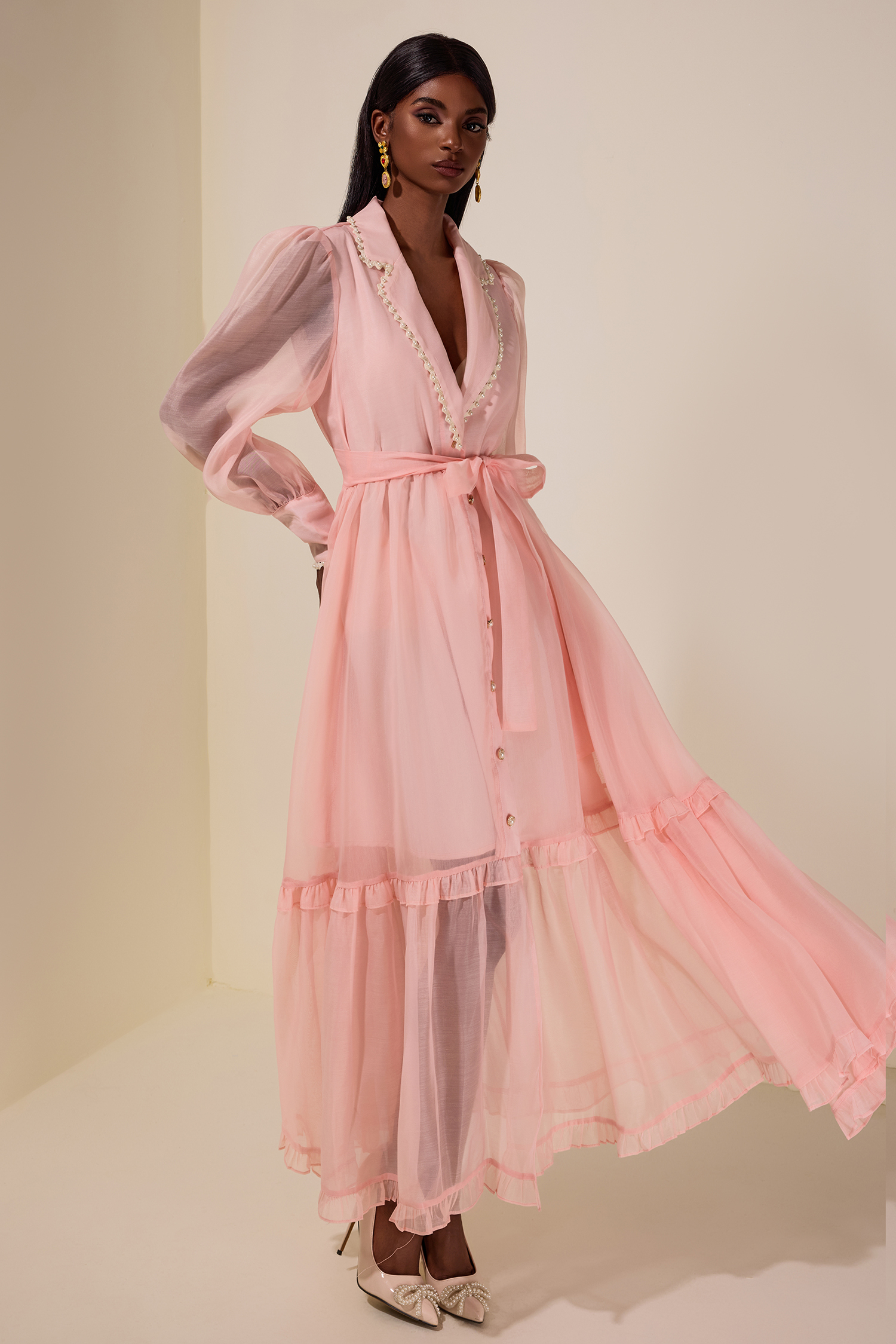 Chiffon Rivet Frill Midi Dress With Belt