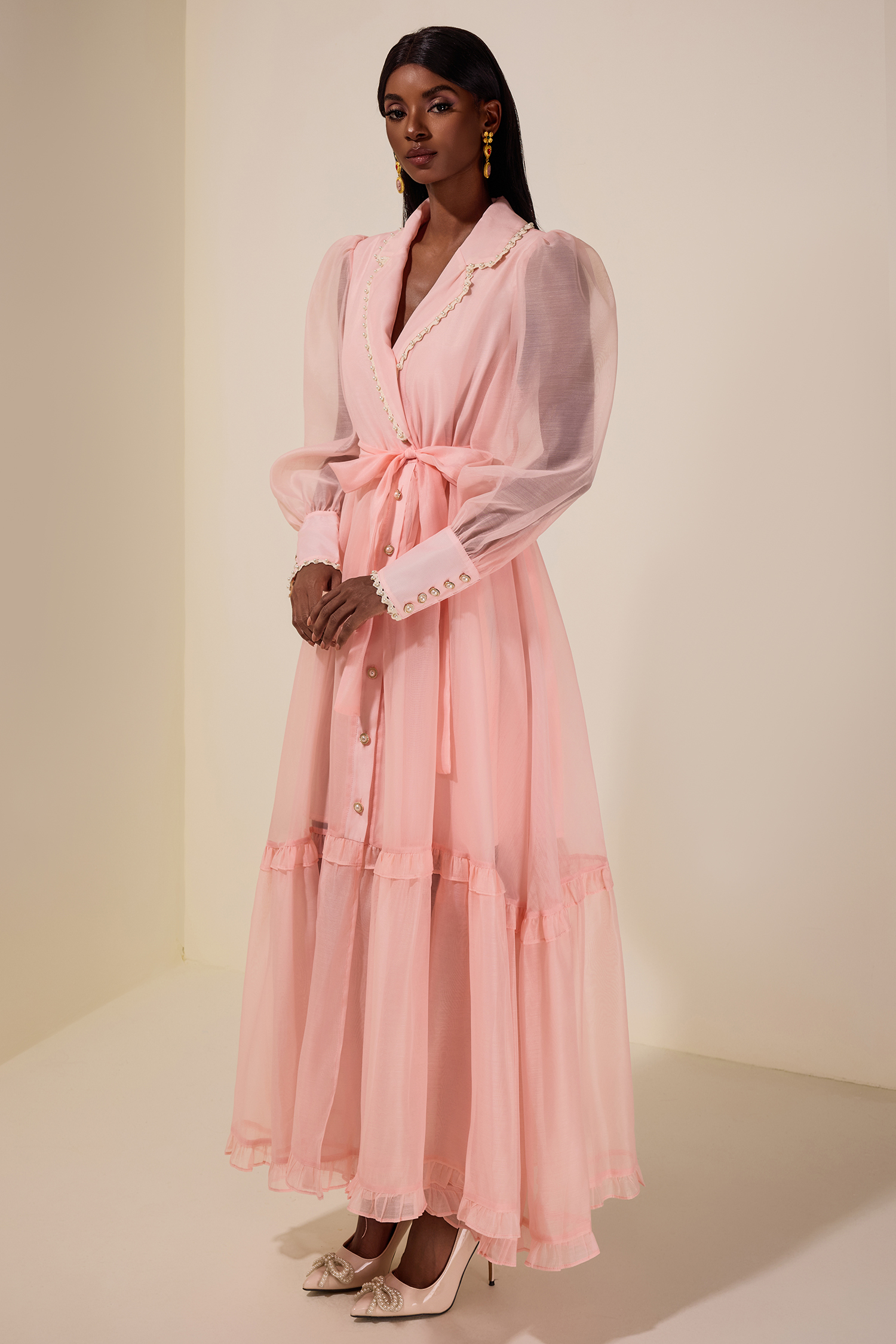 Chiffon Rivet Frill Midi Dress With Belt