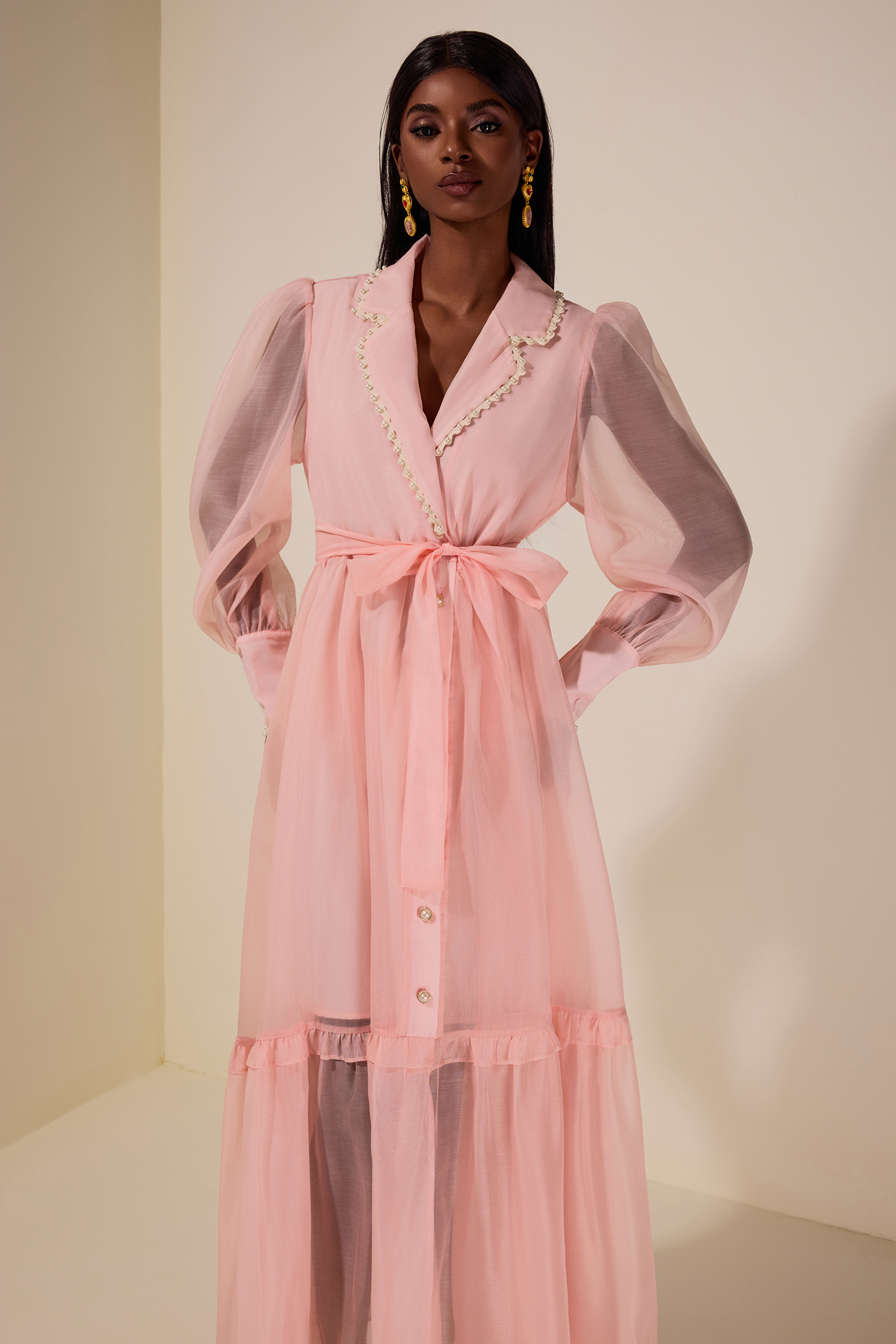 Chiffon Rivet Frill Midi Dress With Belt