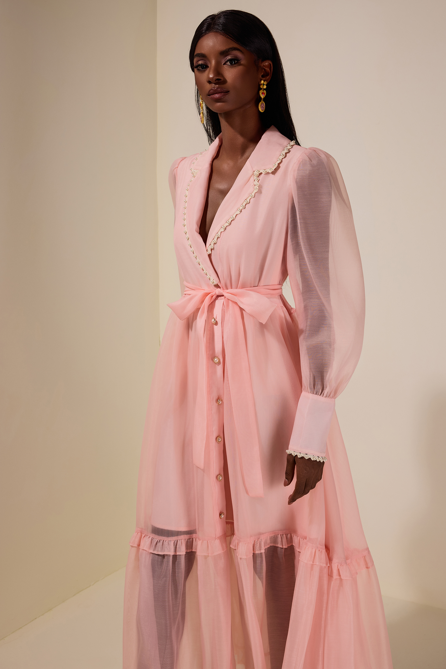 Chiffon Rivet Frill Midi Dress With Belt