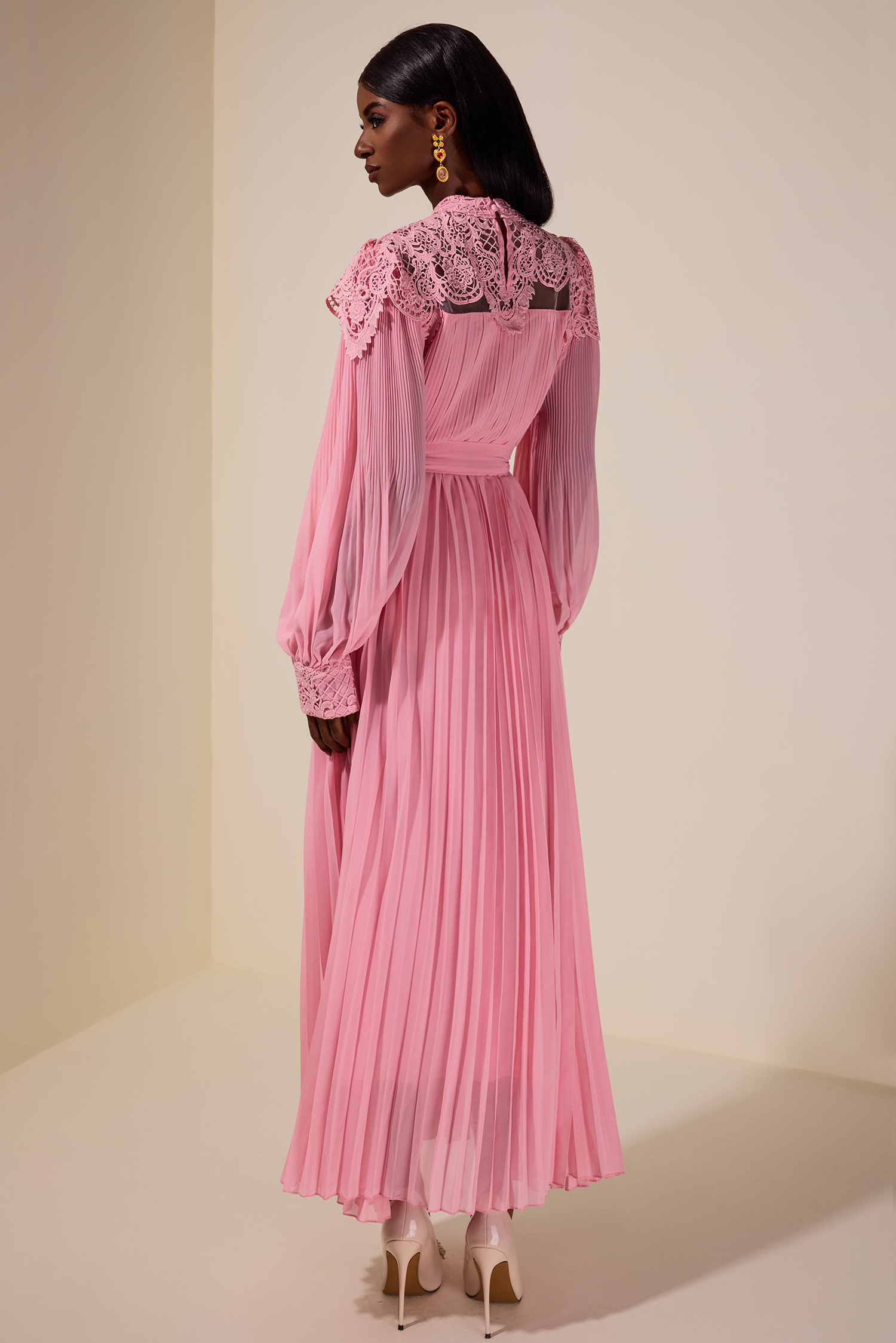 Lace Beaded Pleated Midi Dress