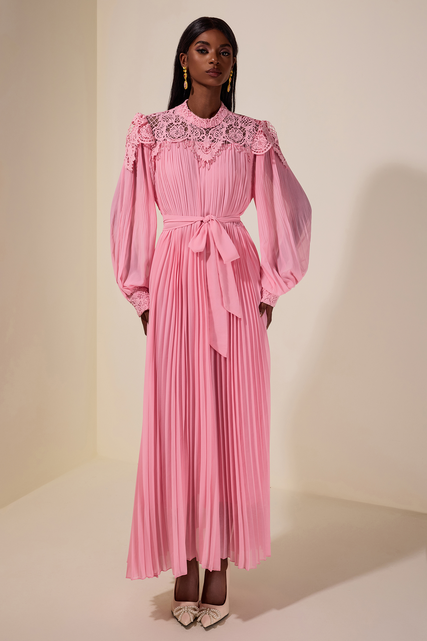 Lace Beaded Pleated Midi Dress