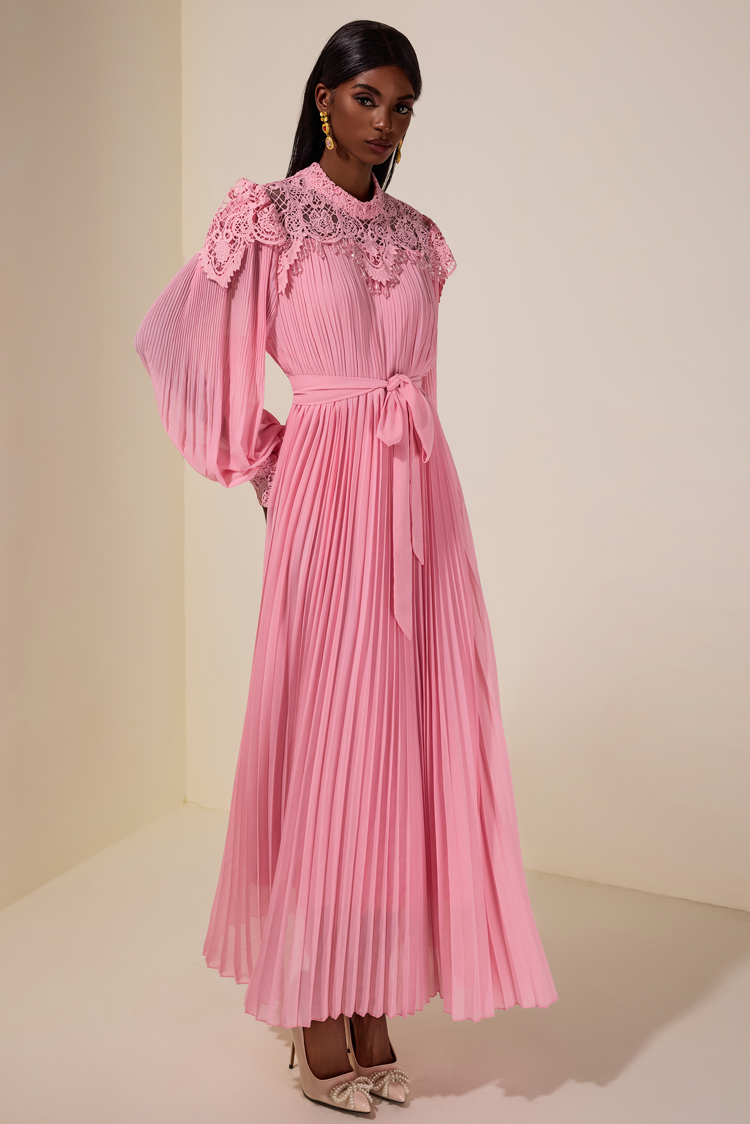 Lace Beaded Pleated Midi Dress