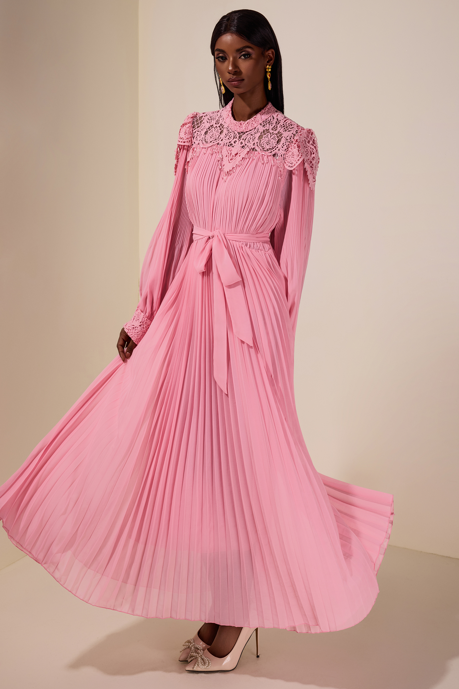 Lace Beaded Pleated Midi Dress