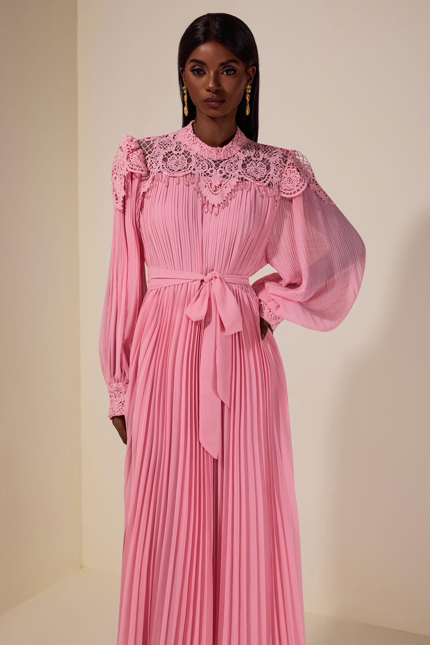 Lace Beaded Pleated Midi Dress