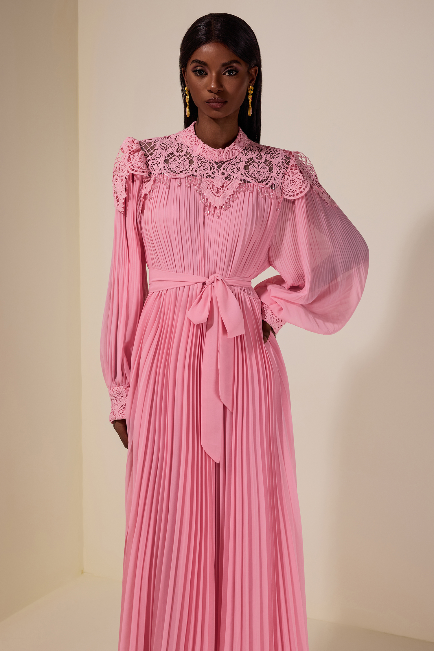 Lace Beaded Pleated Midi Dress